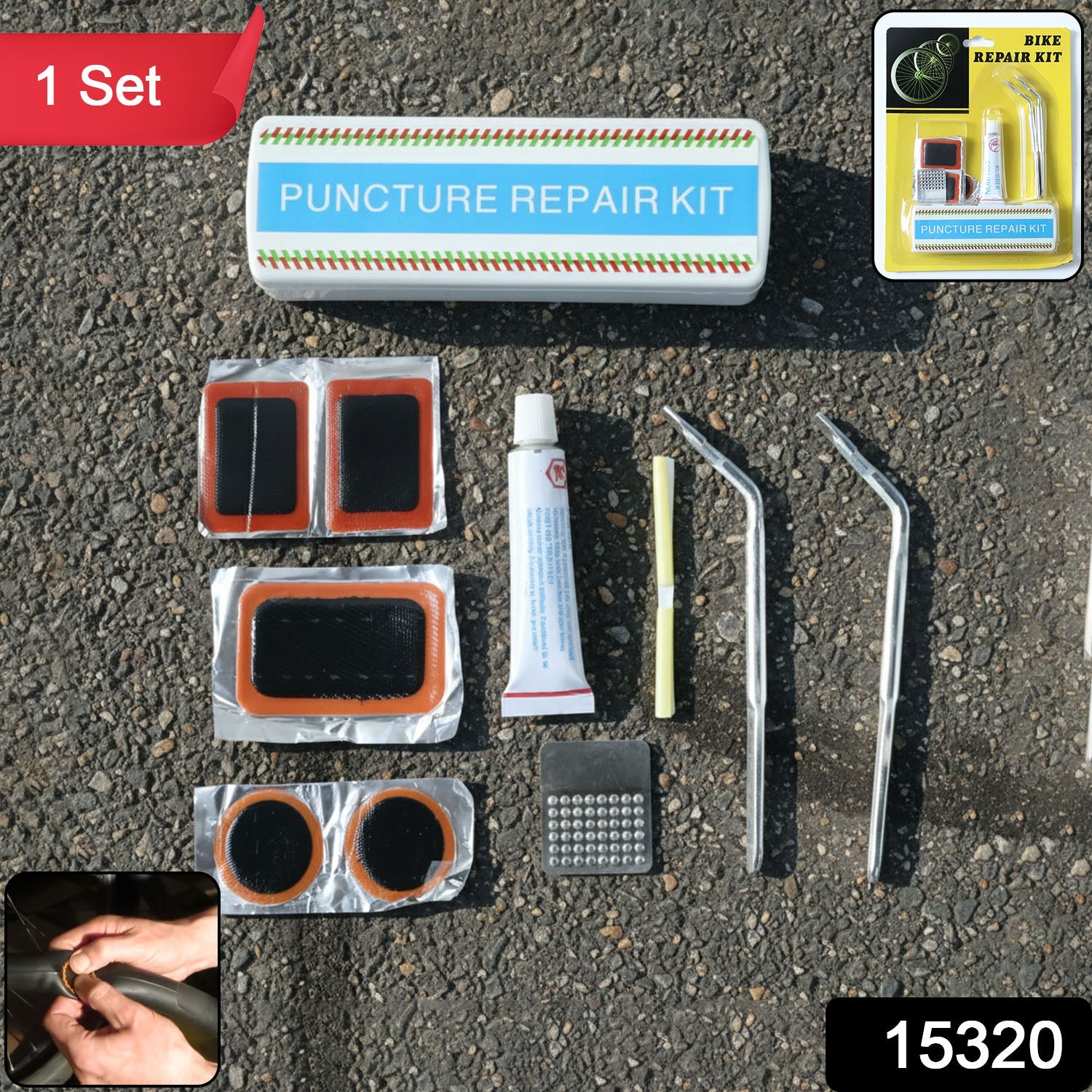Portable bike tire puncture repair kit with visible SKU label in compact storage