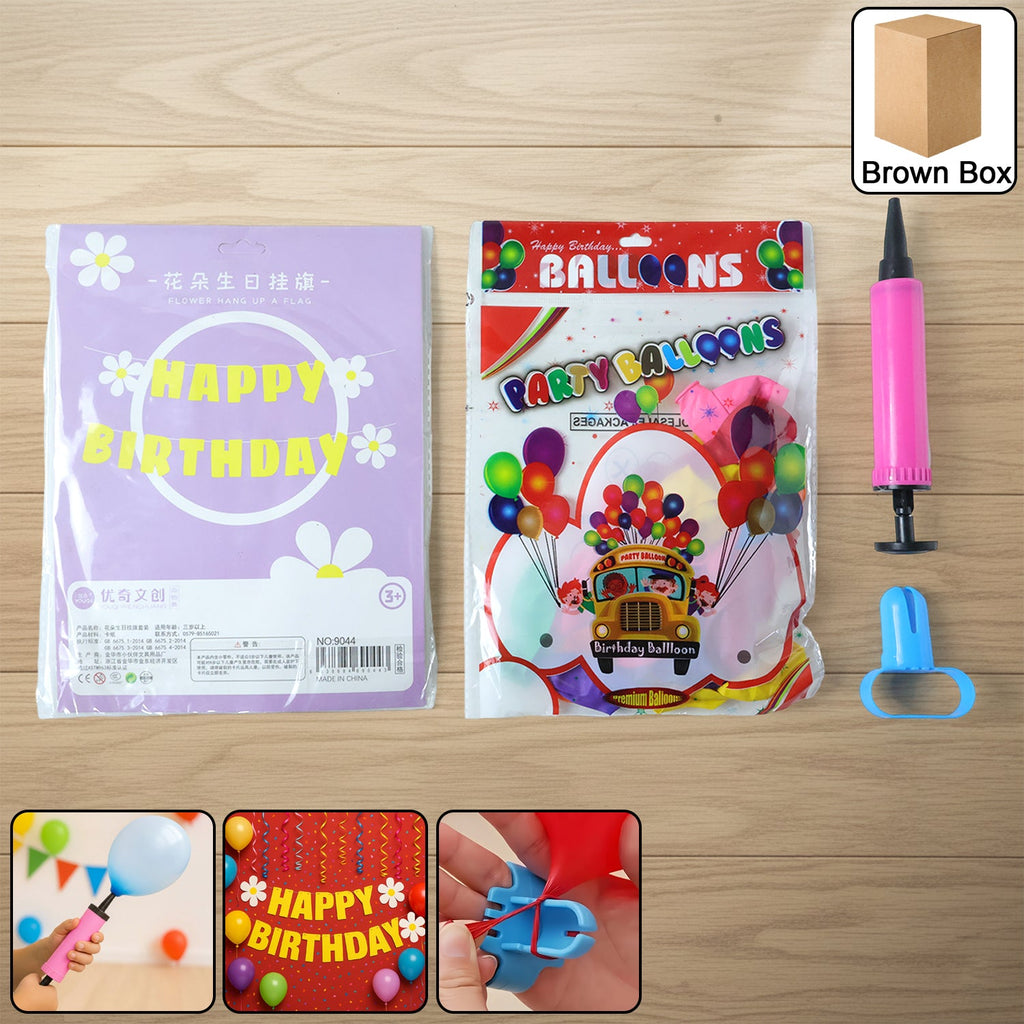 Complete Happy Birthday decoration set with colorful banner and balloons