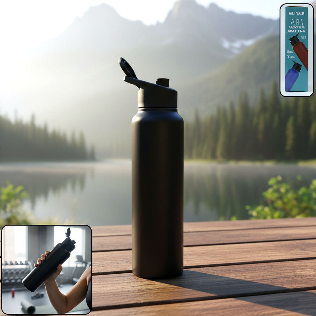 Stainless steel 1000ml sports water bottle with flip-top lid