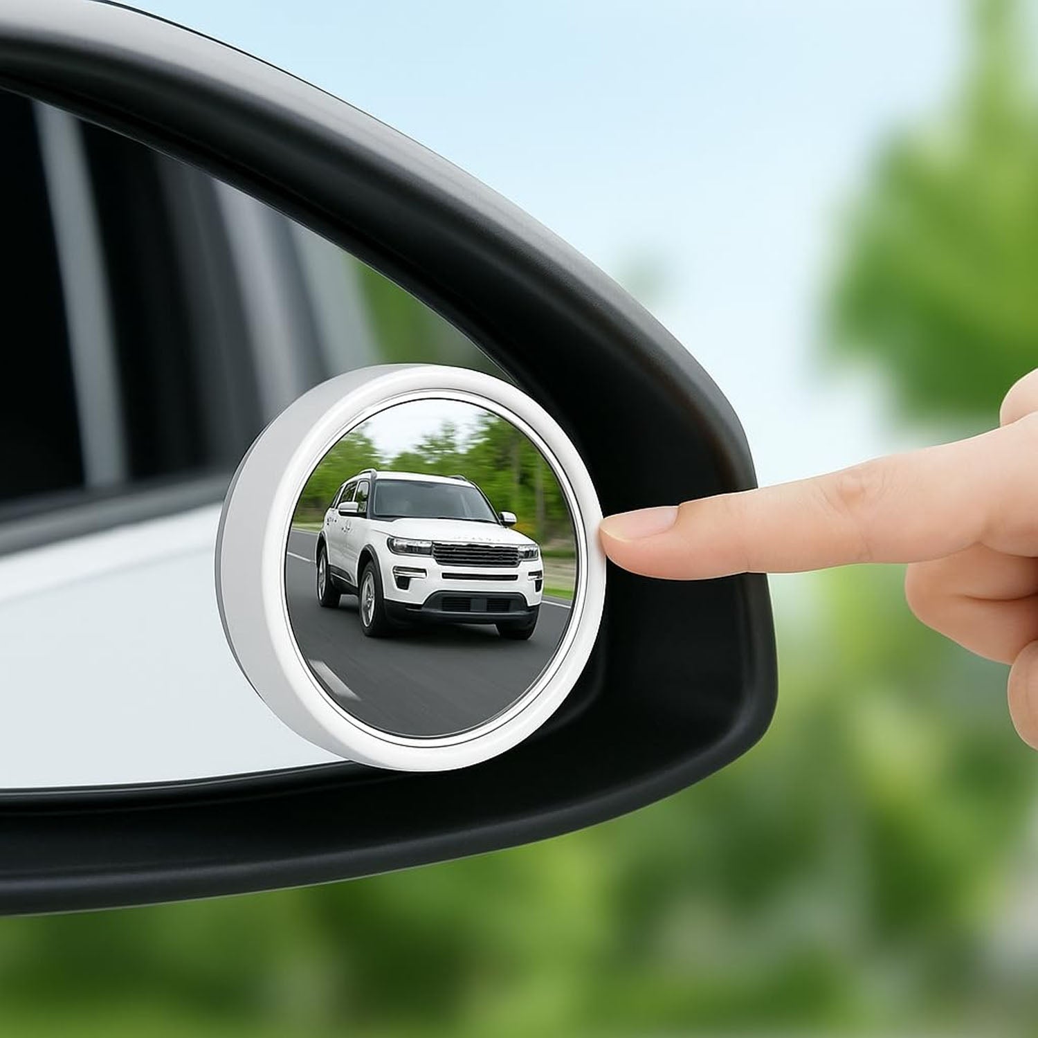 White round blind spot mirror showing expanded side vision