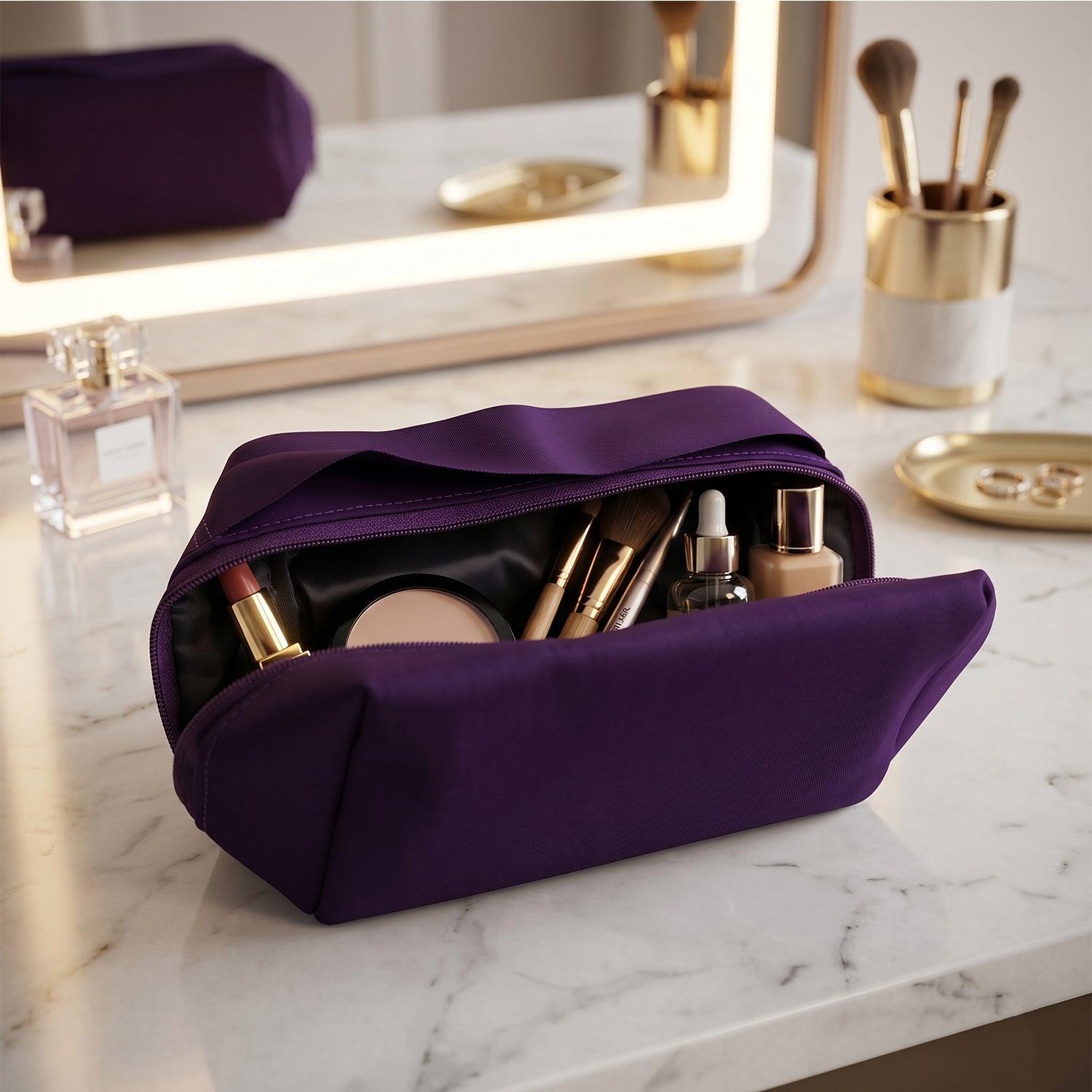 Interior view of spacious travel makeup organizer bag