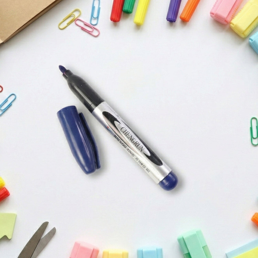 Premium permanent blue marker pen angled for easy writing