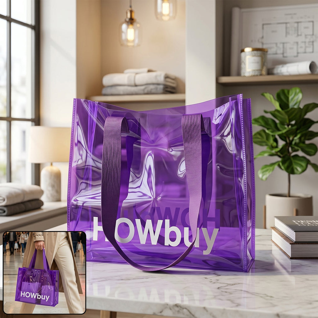 Transparent reusable shopping tote bag with comfortable handle strap