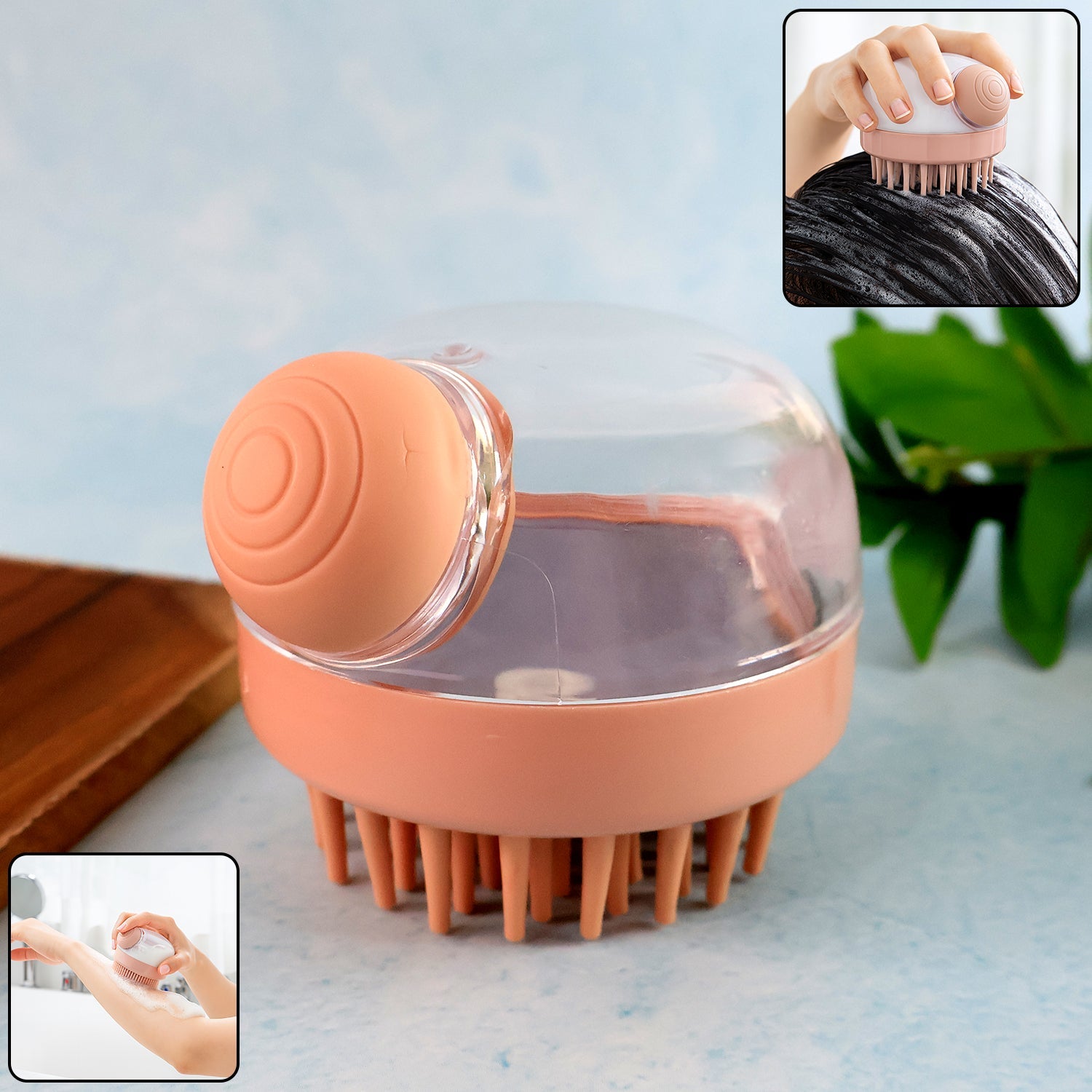 Silicone head scalp massager brush with soft bristles on a white background