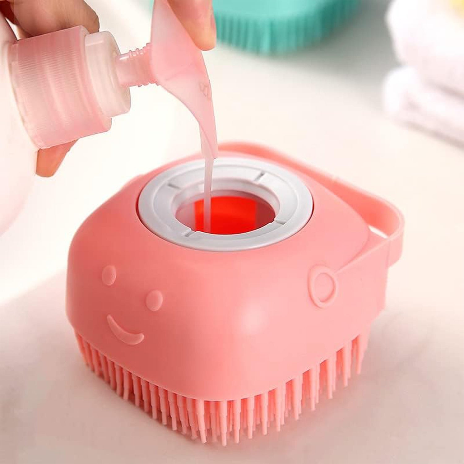 Silicone bath brush showing flexible bristles for skin massage
