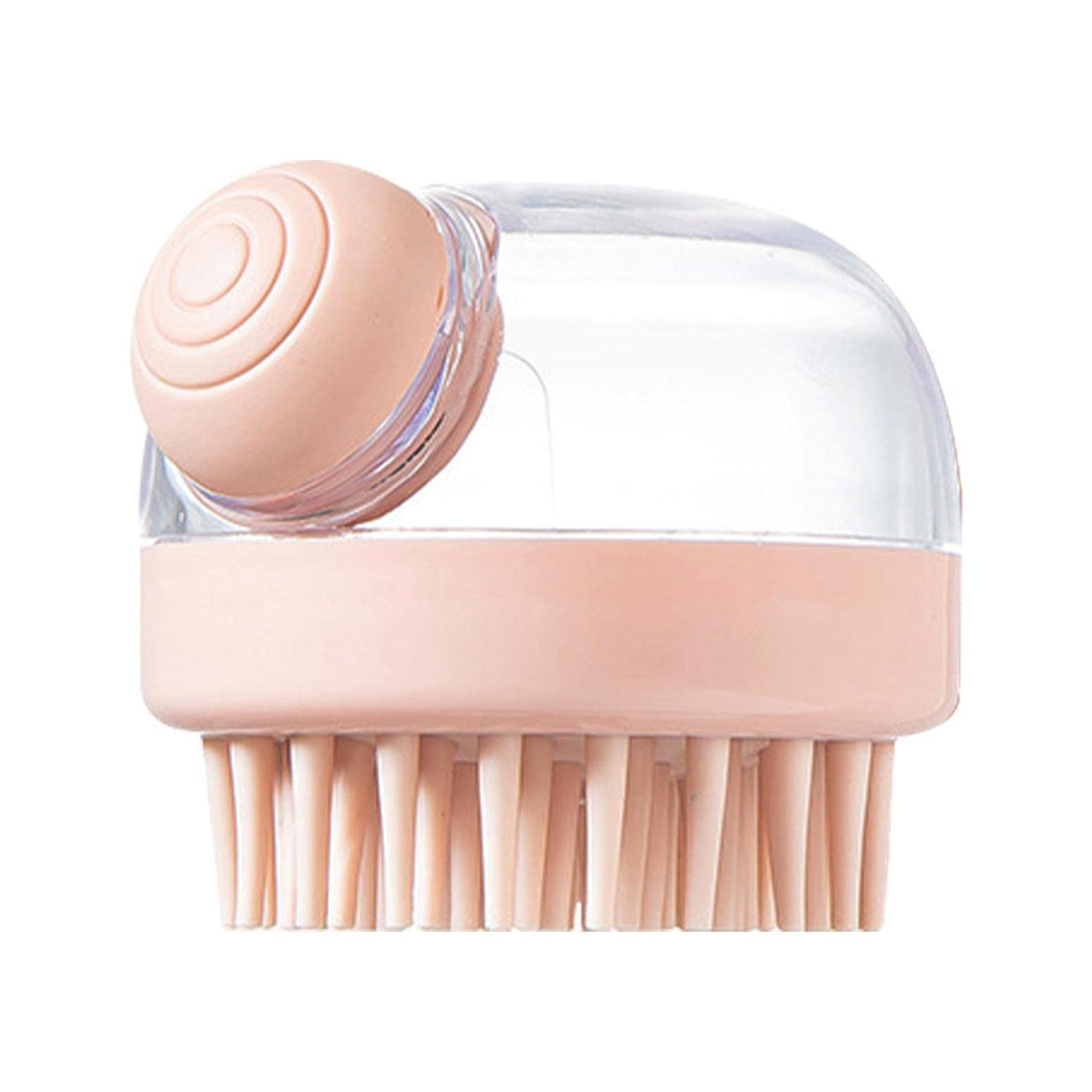 Hand holding silicone head scalp massager and shampoo brush