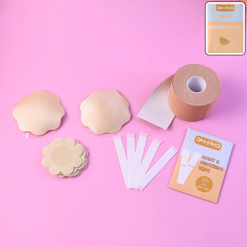 Body & clothing tape kit roll with fashion tape strips and nipple covers for invisible outfit support