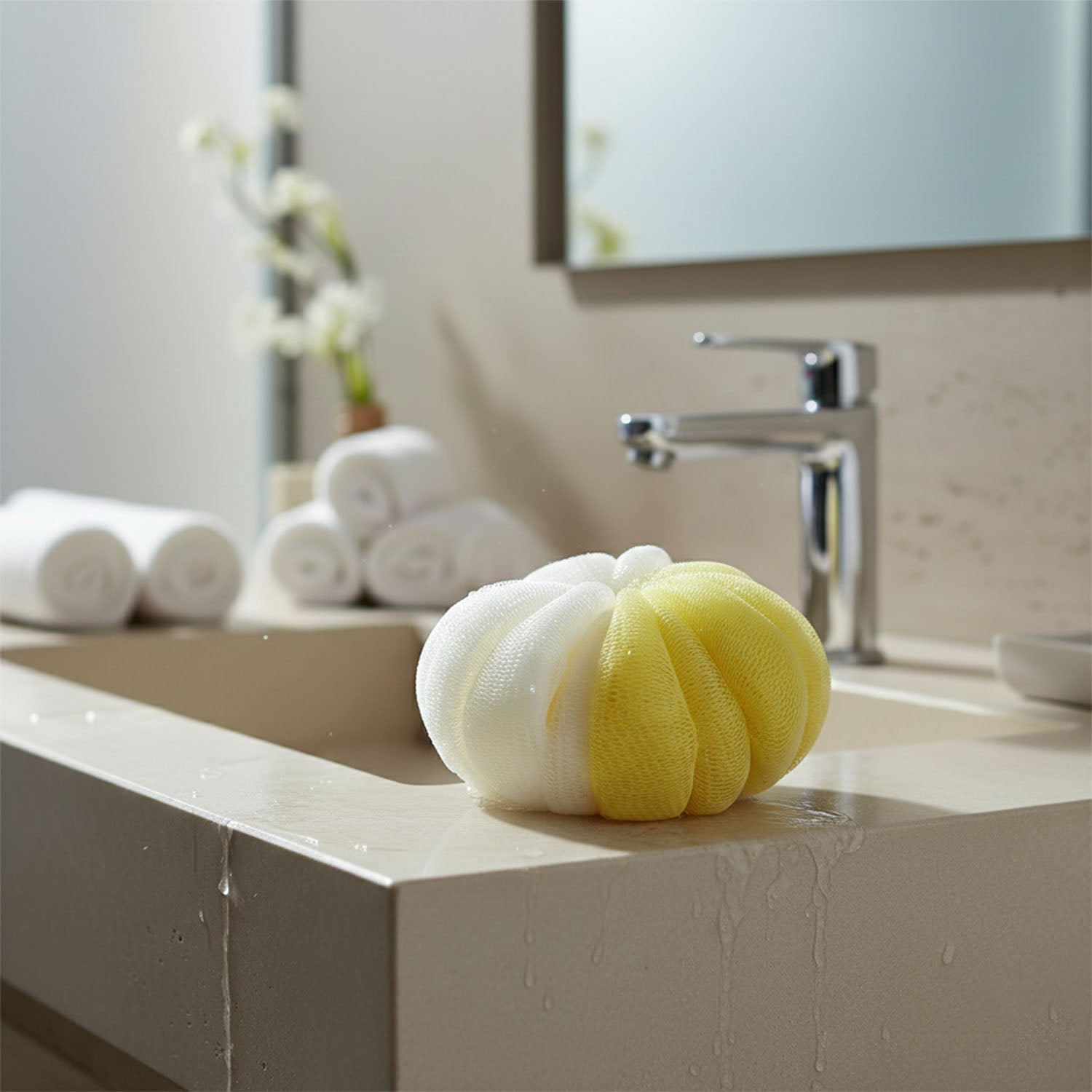 Dual color shower sponge made with soft mesh material