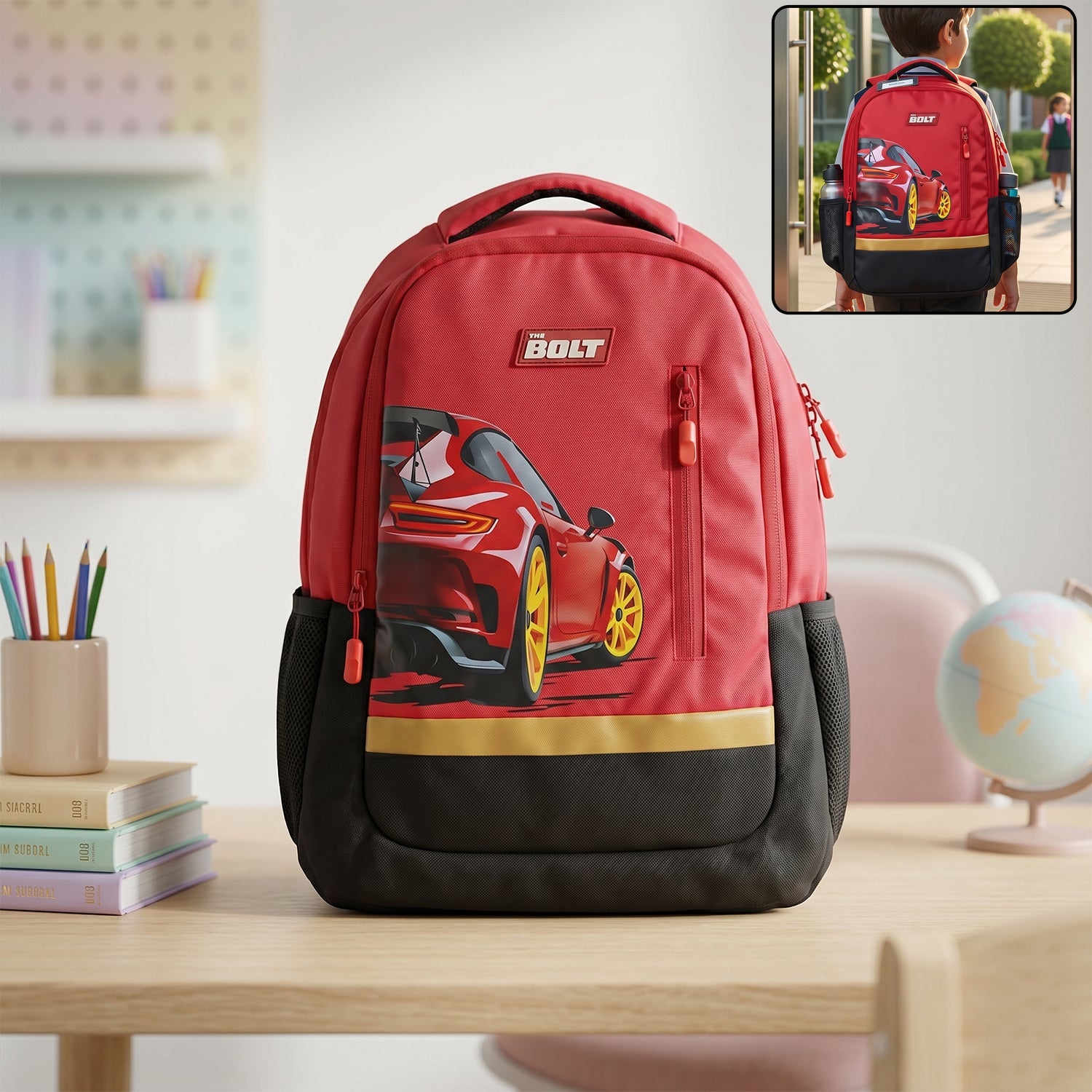 KidsÕ school bag featuring sporty car print for boys