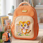 Cartoon school backpack for kids with playful soccer graphic