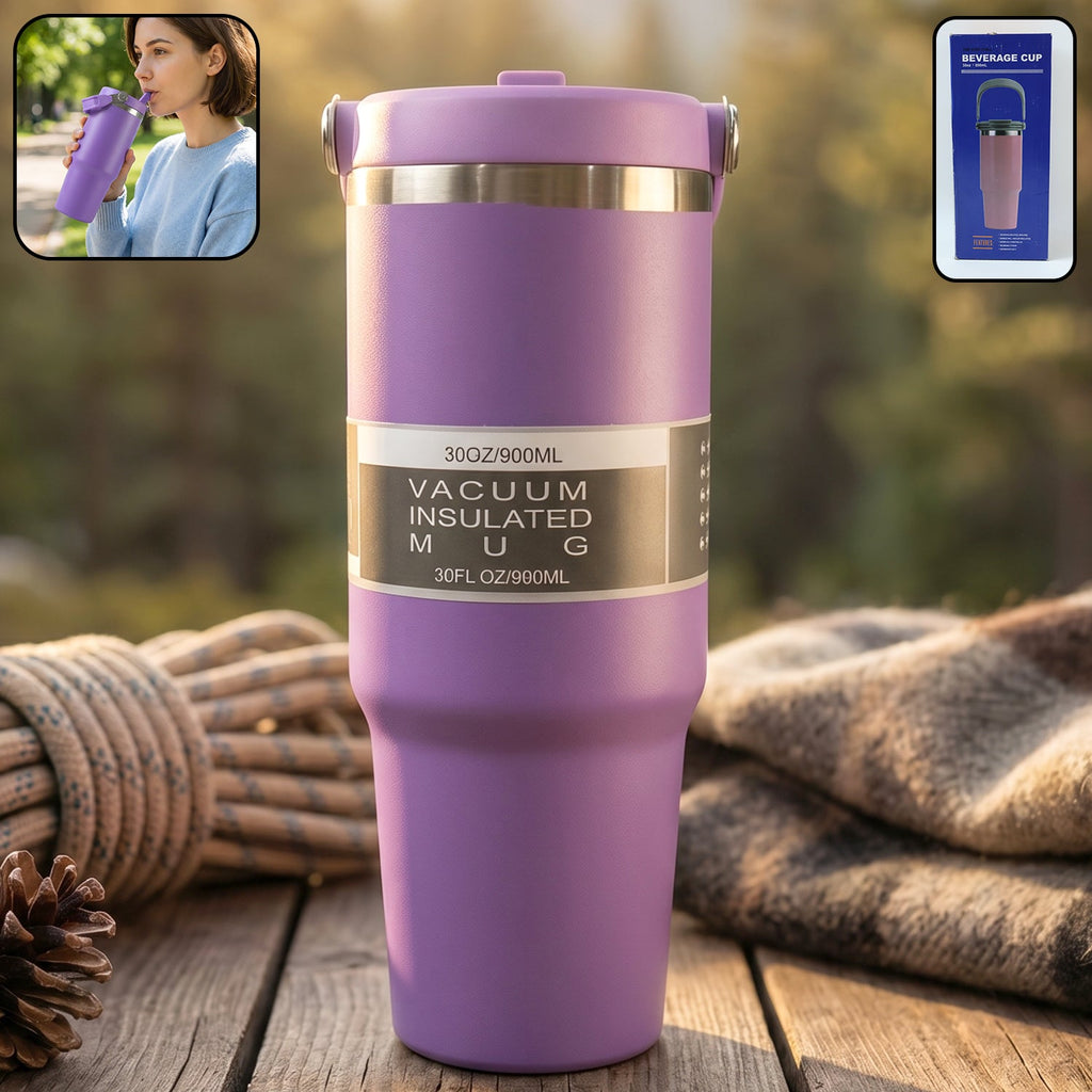 890ML vacuum insulated stainless steel travel mug with straw and ergonomic handle