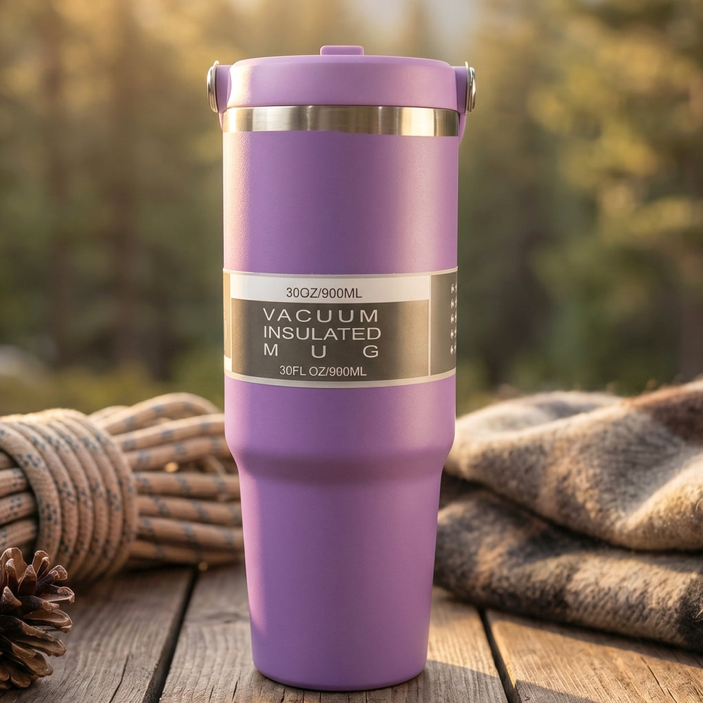Angled side view of 890ML stainless steel insulated travel mug