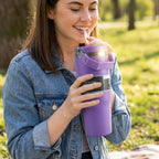 Front view of sleek matte finish stainless steel insulated travel mug