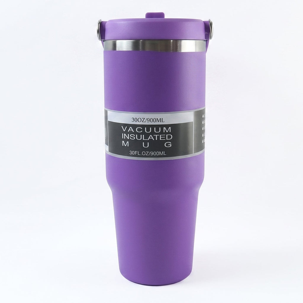 Ergonomic handle for comfortable grip on vacuum insulated travel mug