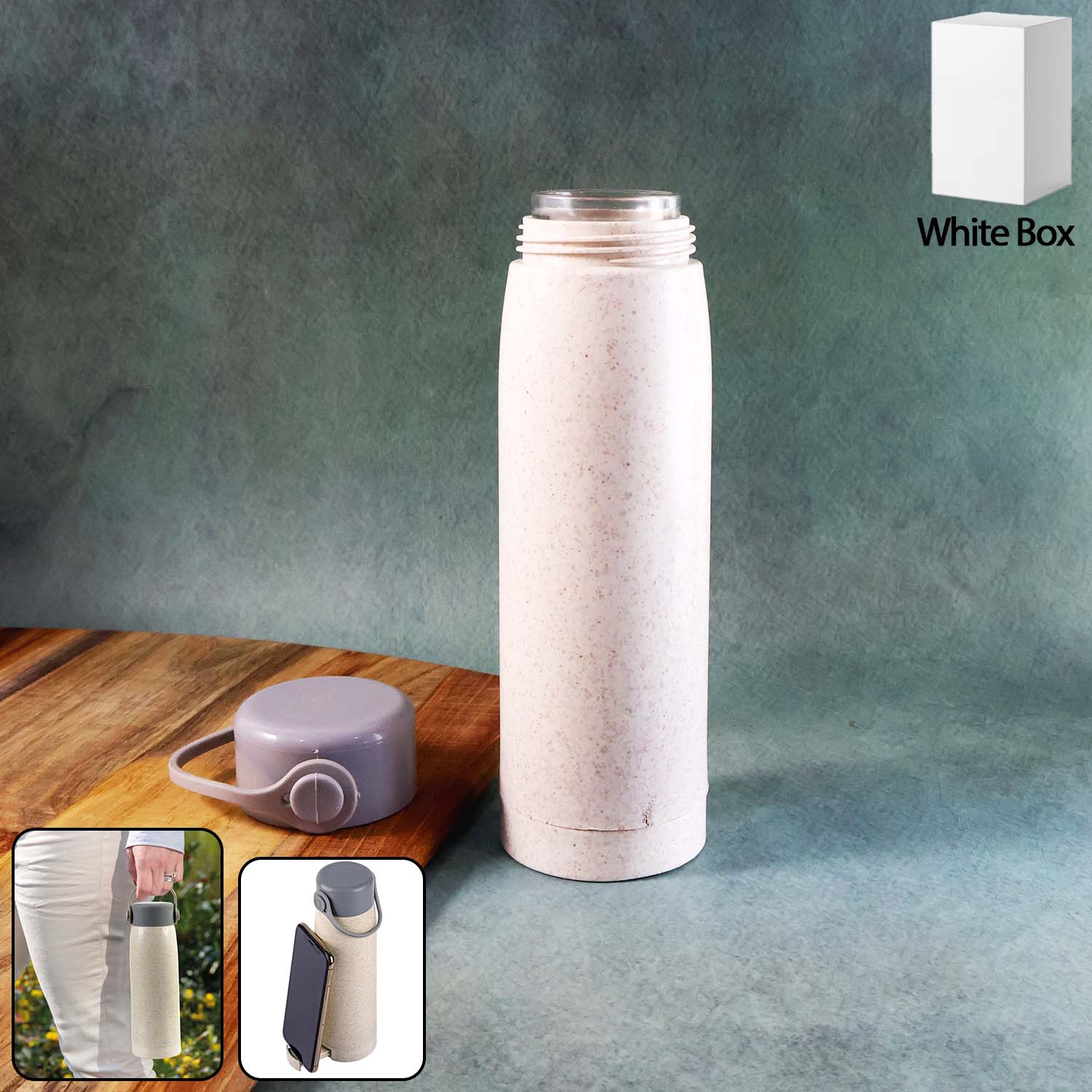 Front view of the 380ml glass water bottle with an integrated phone holder, ideal for hands-free use.