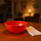 Red round deep serving bowl made of durable plastic