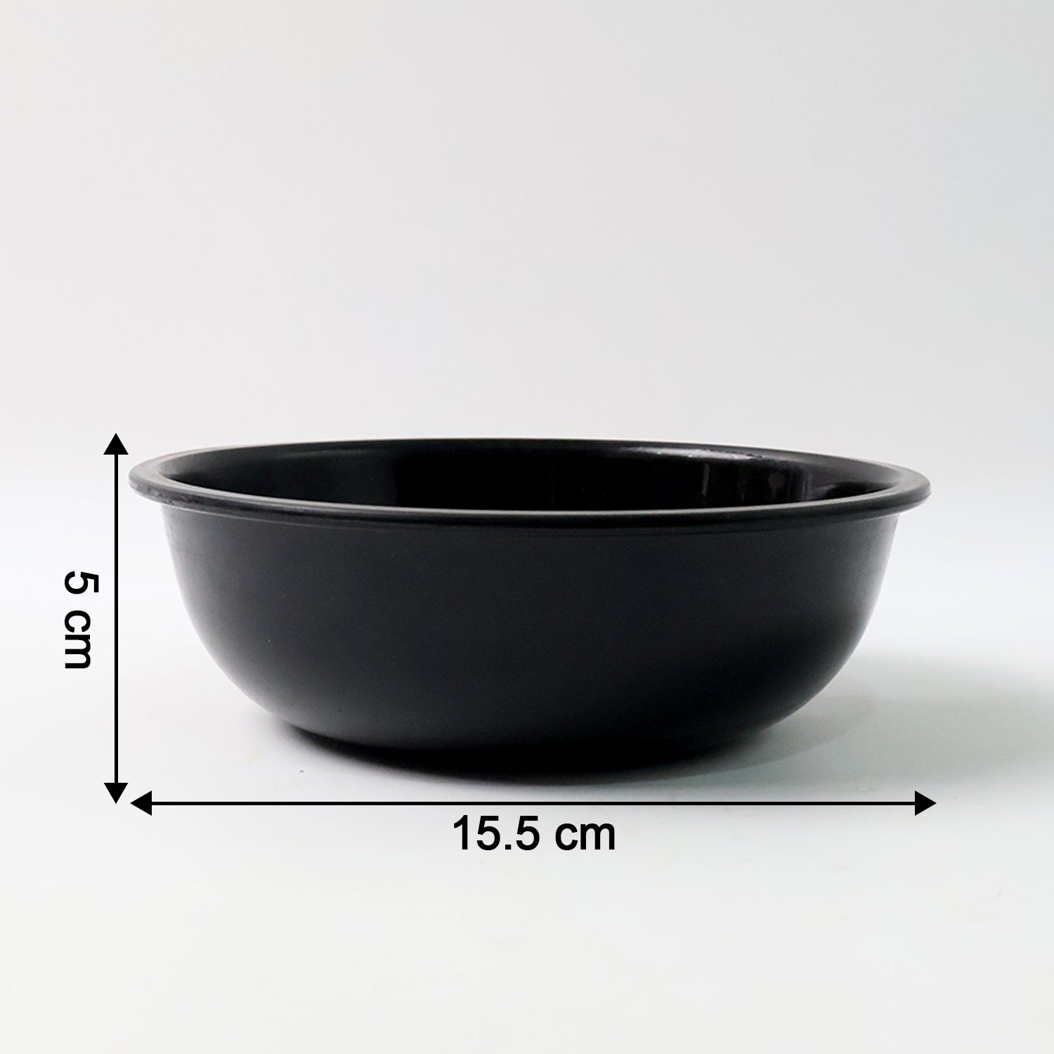 Black plastic serving bowl with dimension markings graphic