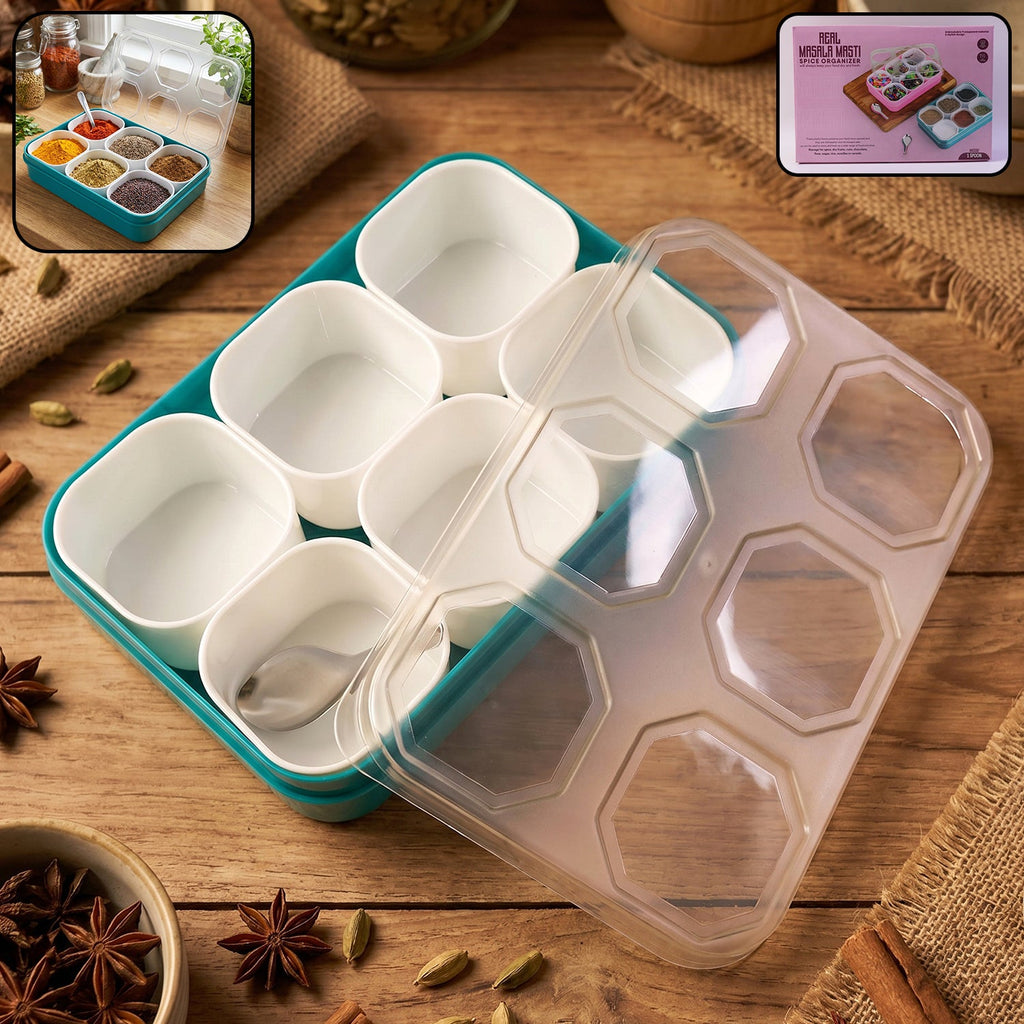 plastic spice storage box with 6 compartments for kitchen use