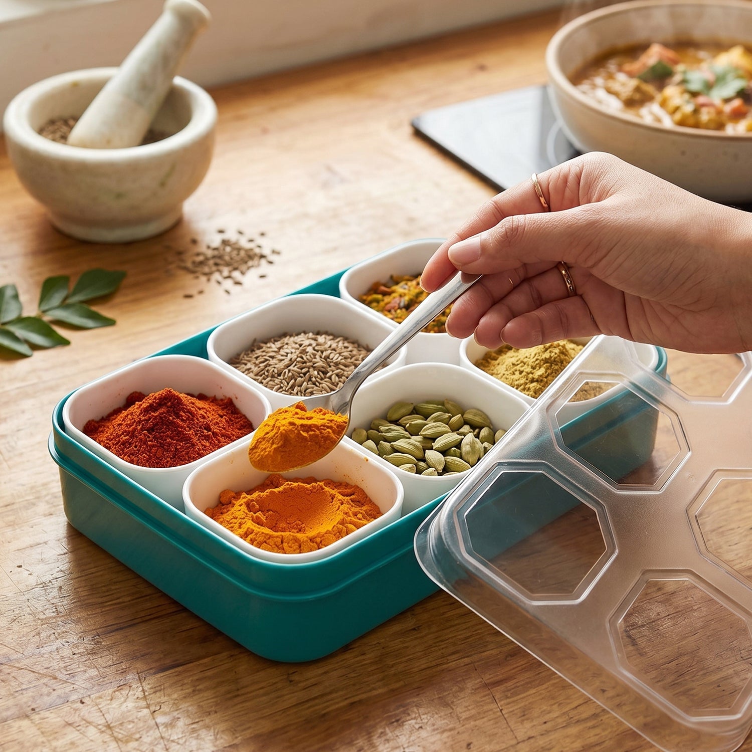 organized spice storage box for kitchen shelves