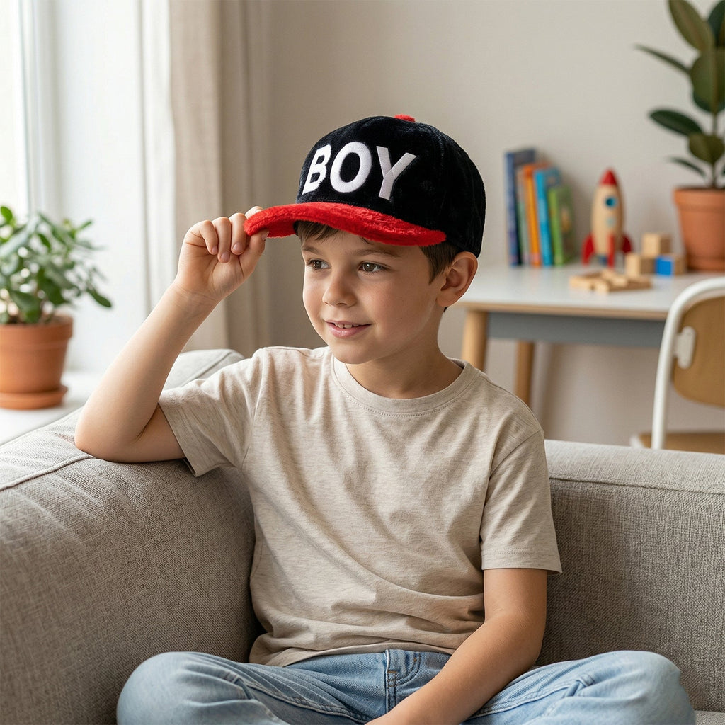 Front view of boys winter printed cap with letter design