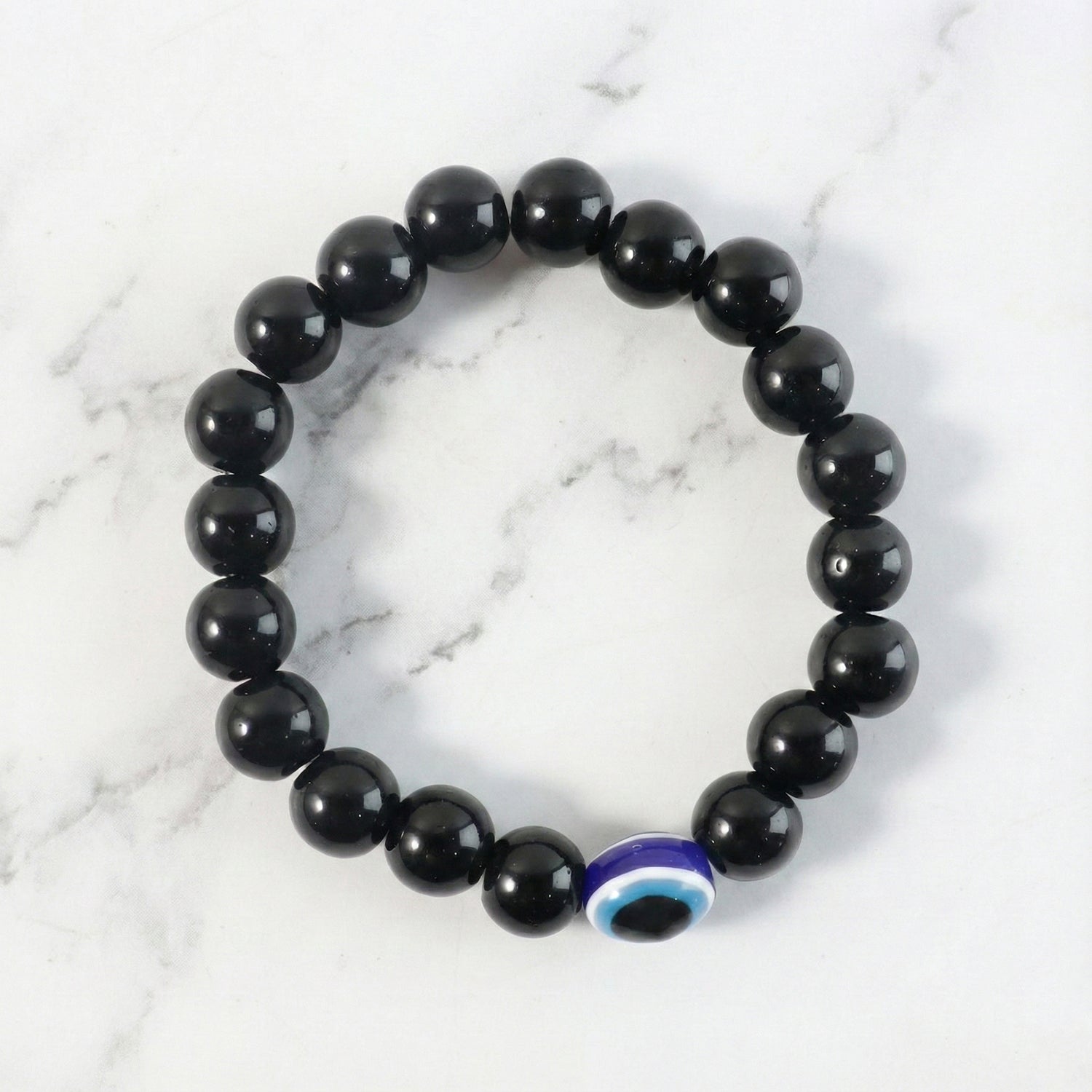 Detailed view of transparent crystal beads on elegant stretch bracelet