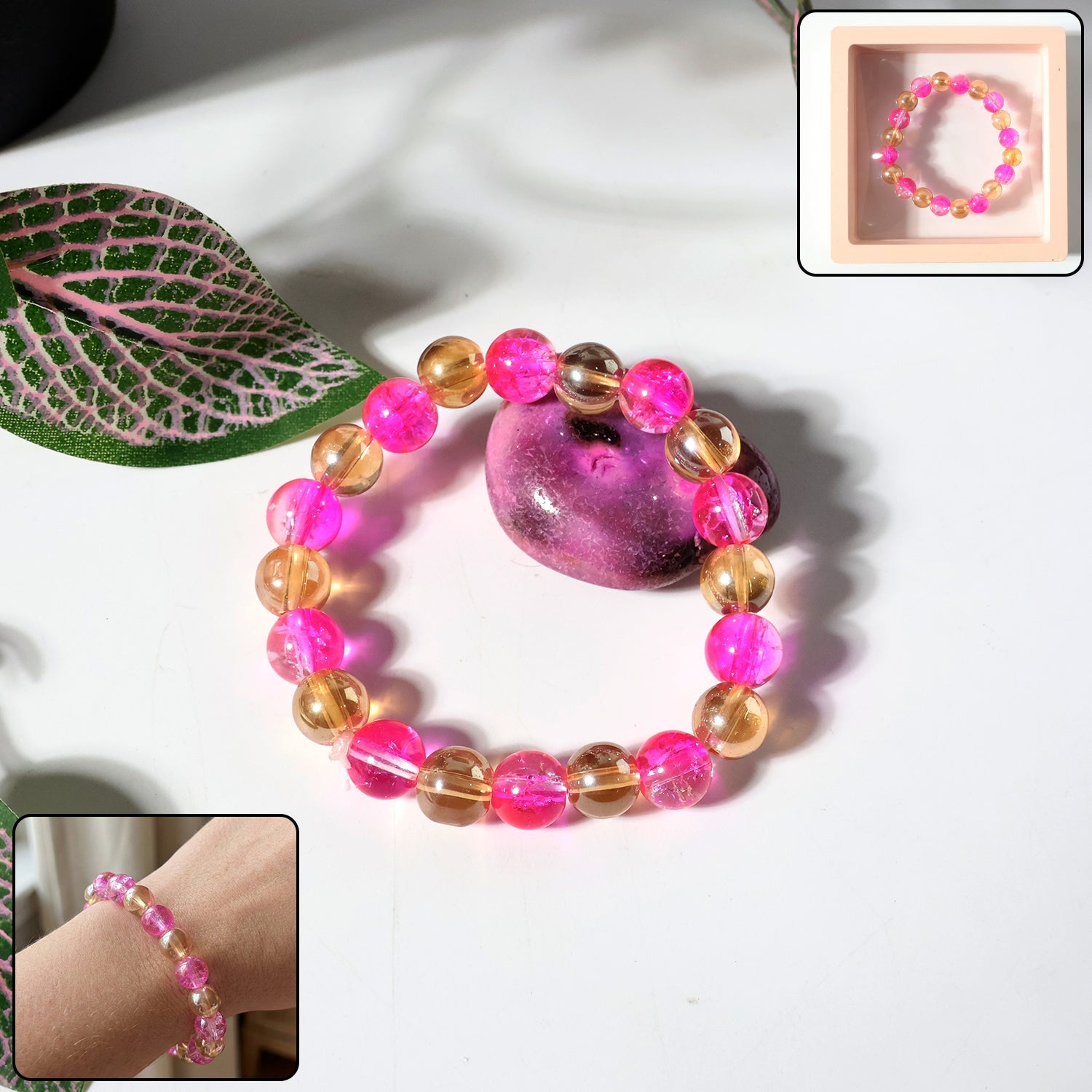 Elegant crystal beaded stretch bracelet with dual-tone pink and gold beads