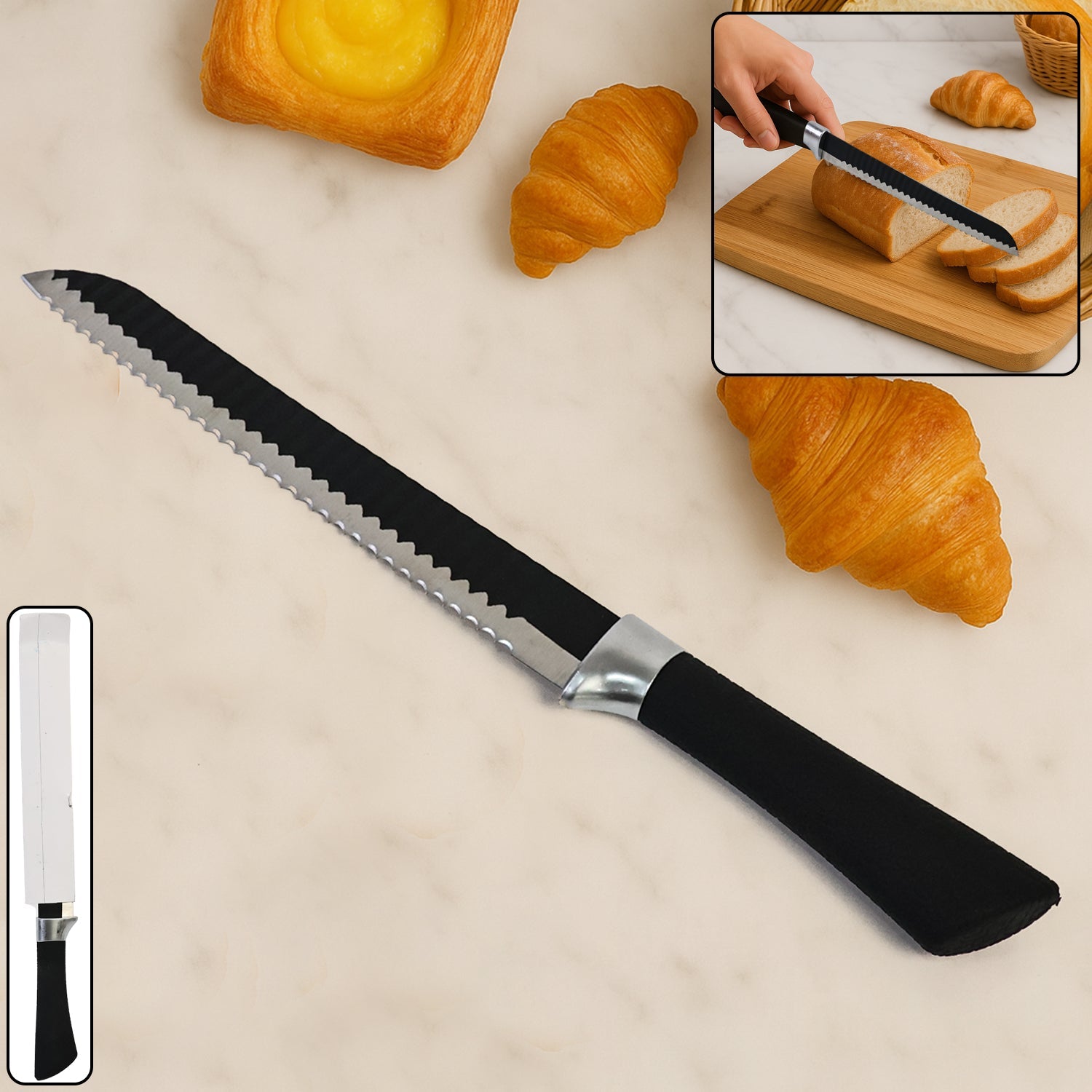 Premium serrated bread knife cutting fresh bread with ergonomic handle
