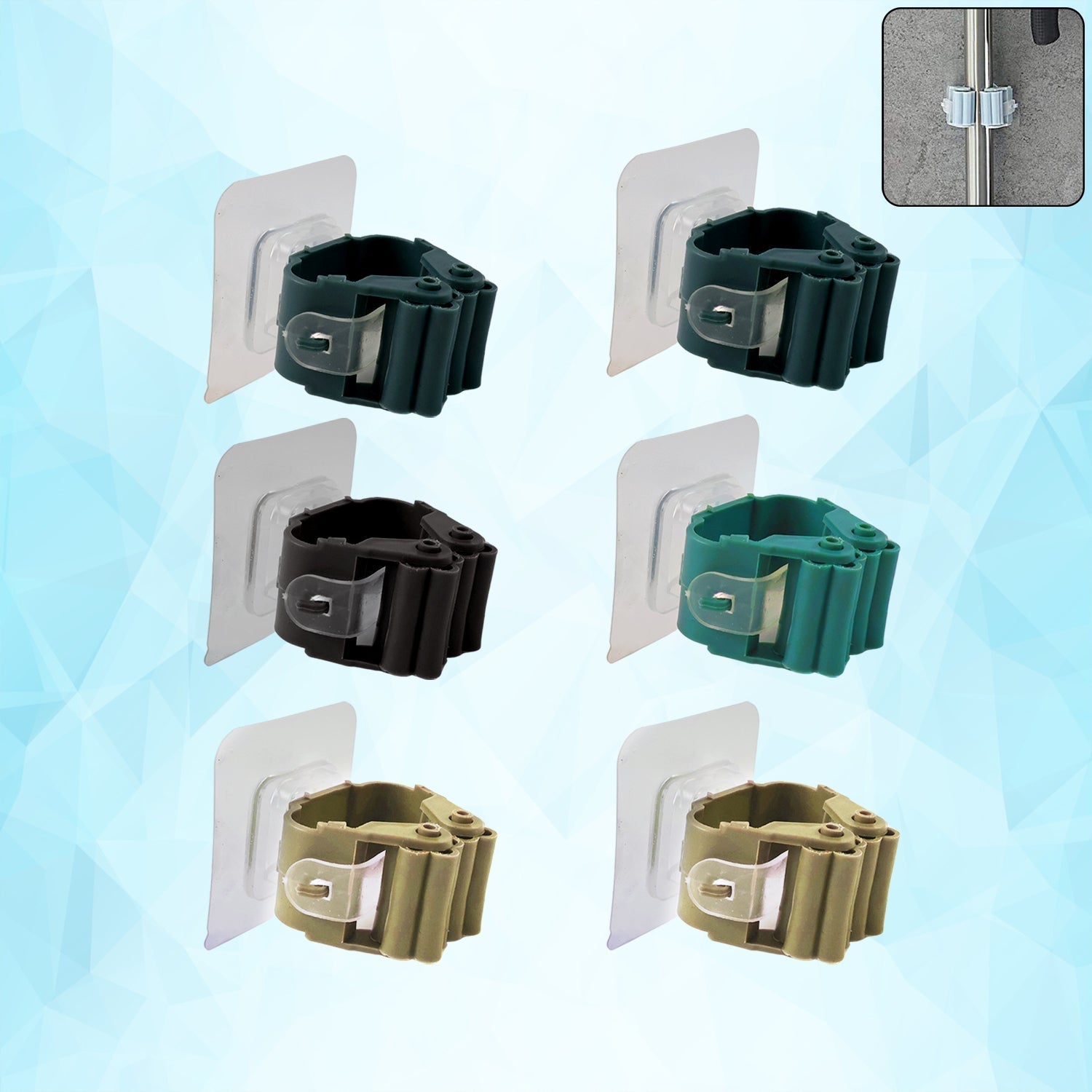 Self-adhesive mop and broom holder clips mounted on a wall organizing cleaning tools