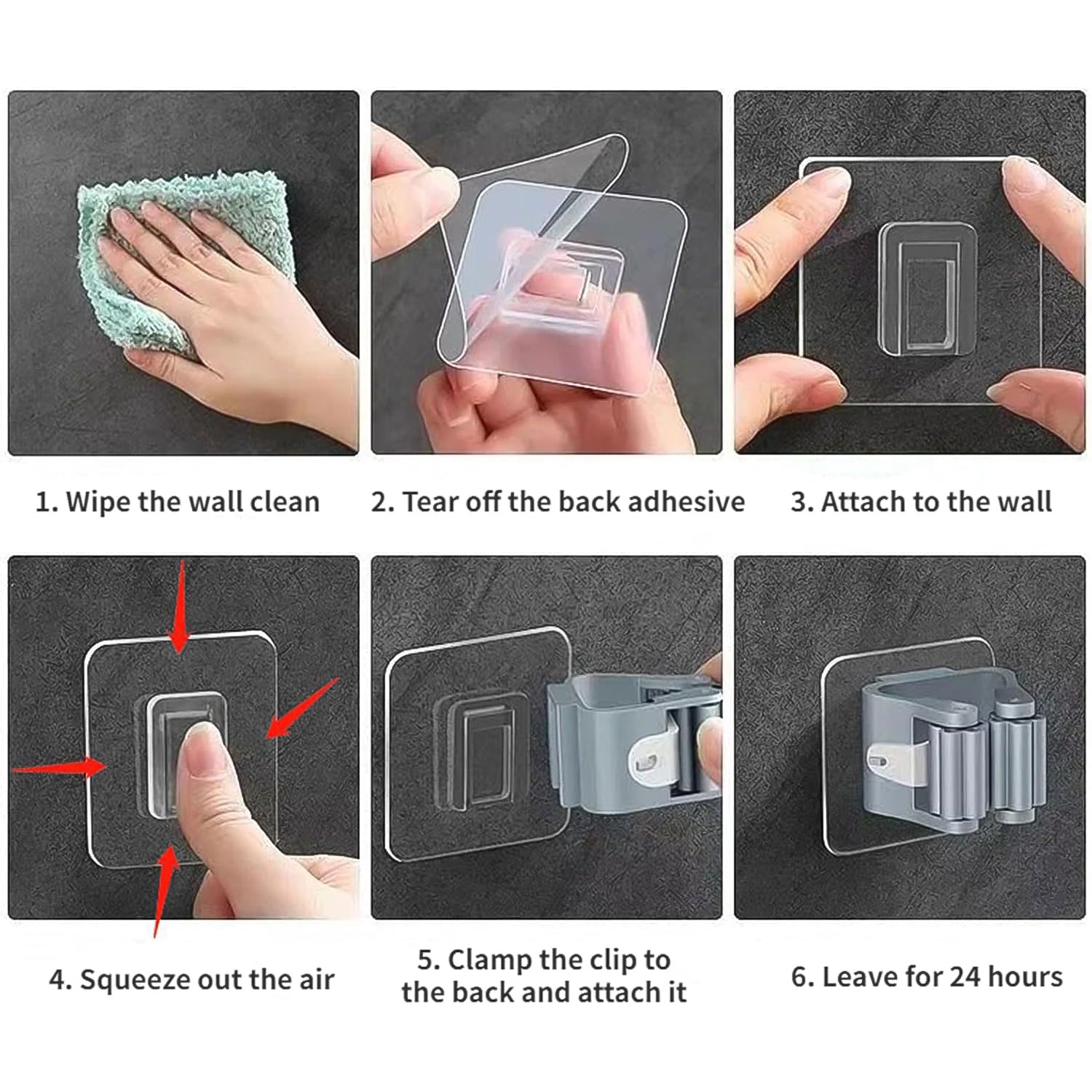 Six self-adhesive mop and broom holder clips holding cleaning tools securely