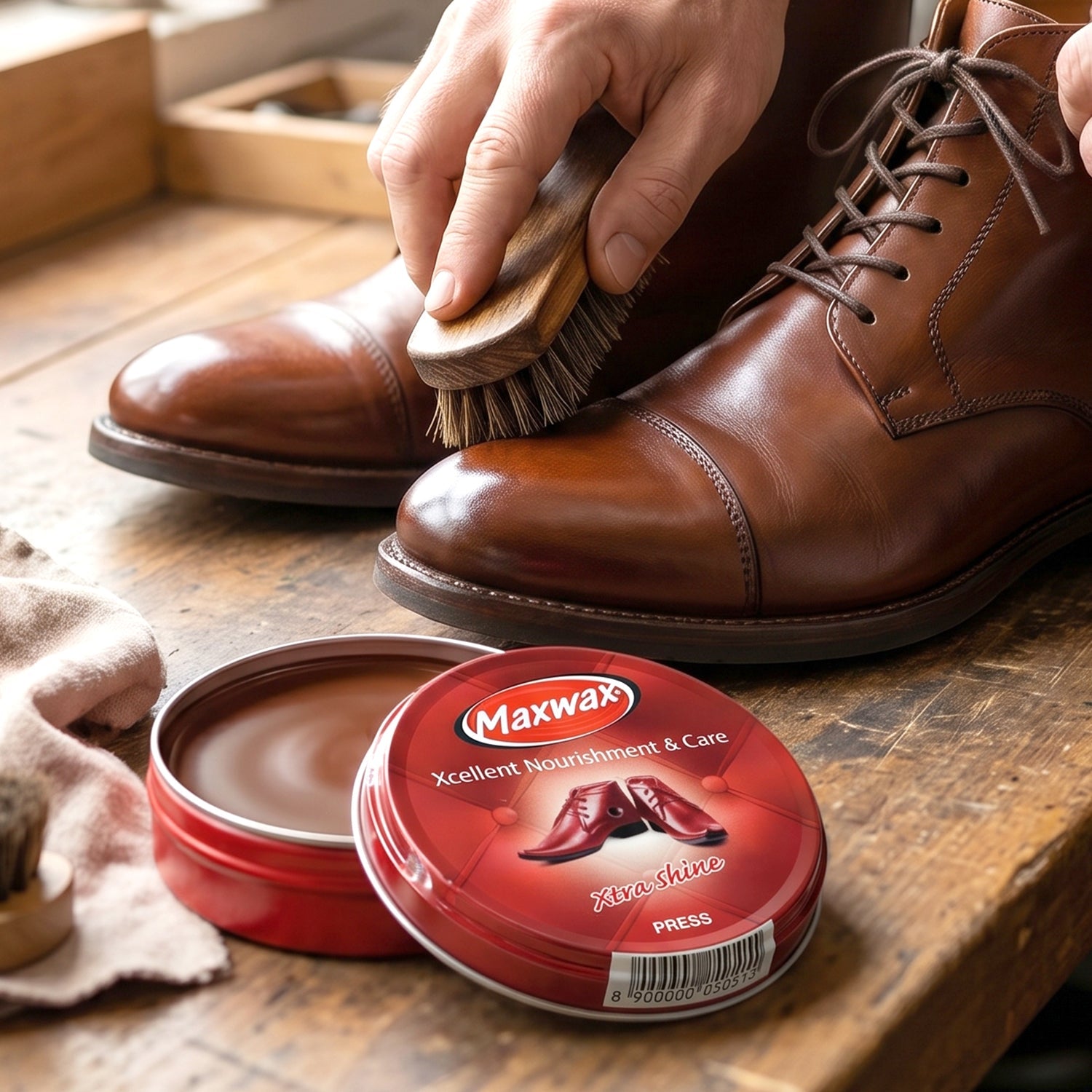 Leather shoe care cream in compact container