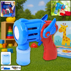 Kids holding colorful rechargeable bubble gun toy blowing bubbles