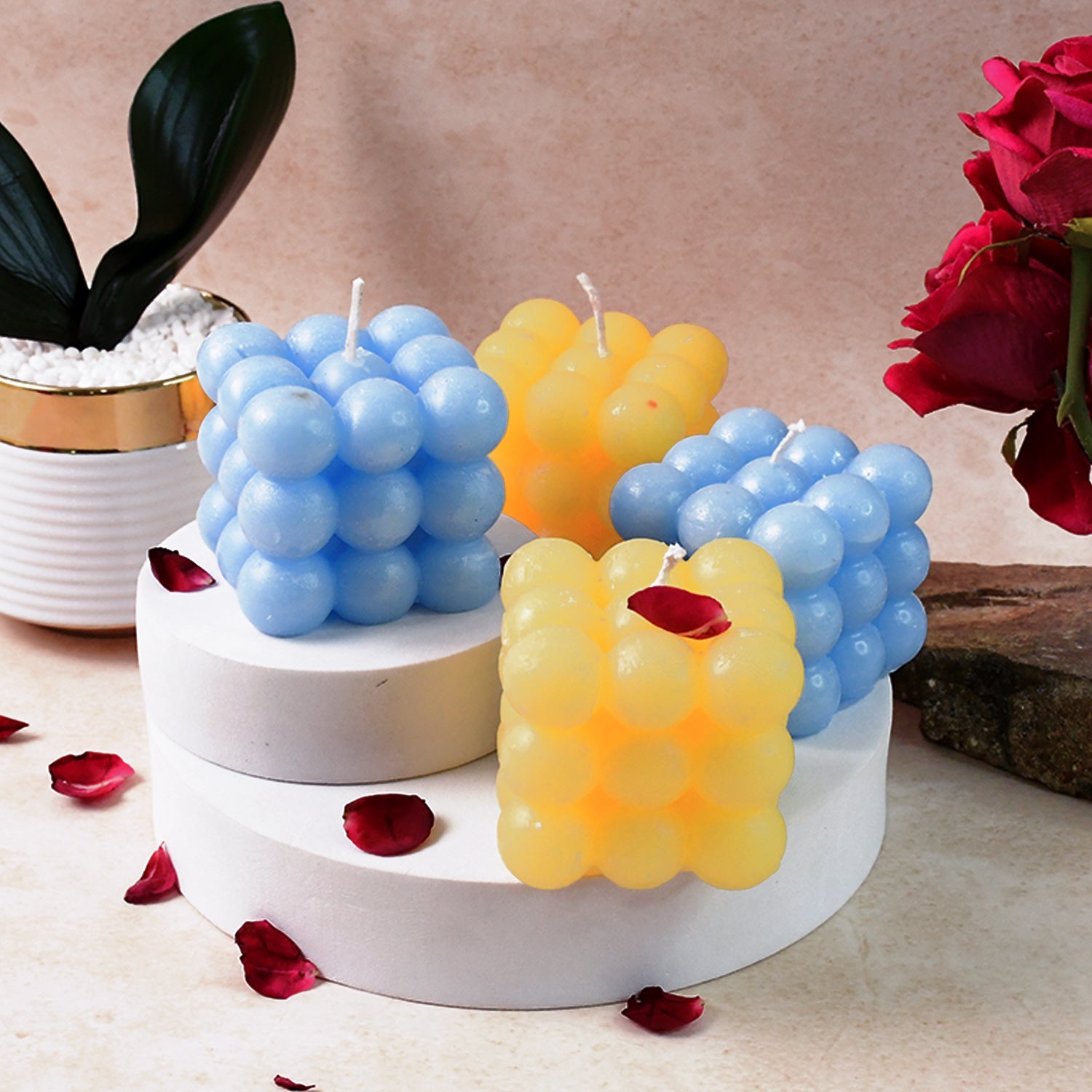 Decorative cube shaped wax candles ideal for parties and festivals