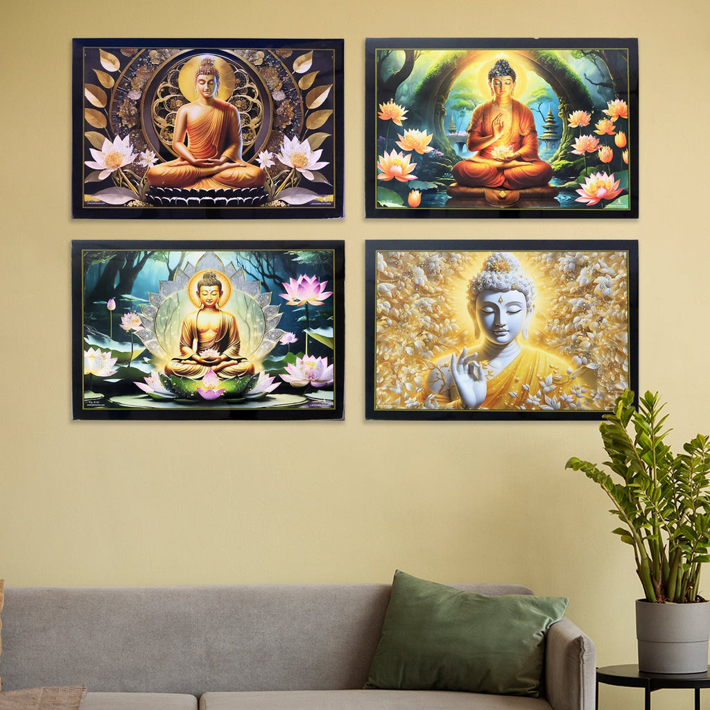 Vibrant Lord Buddha wall painting framed with lotus flowers and golden hues