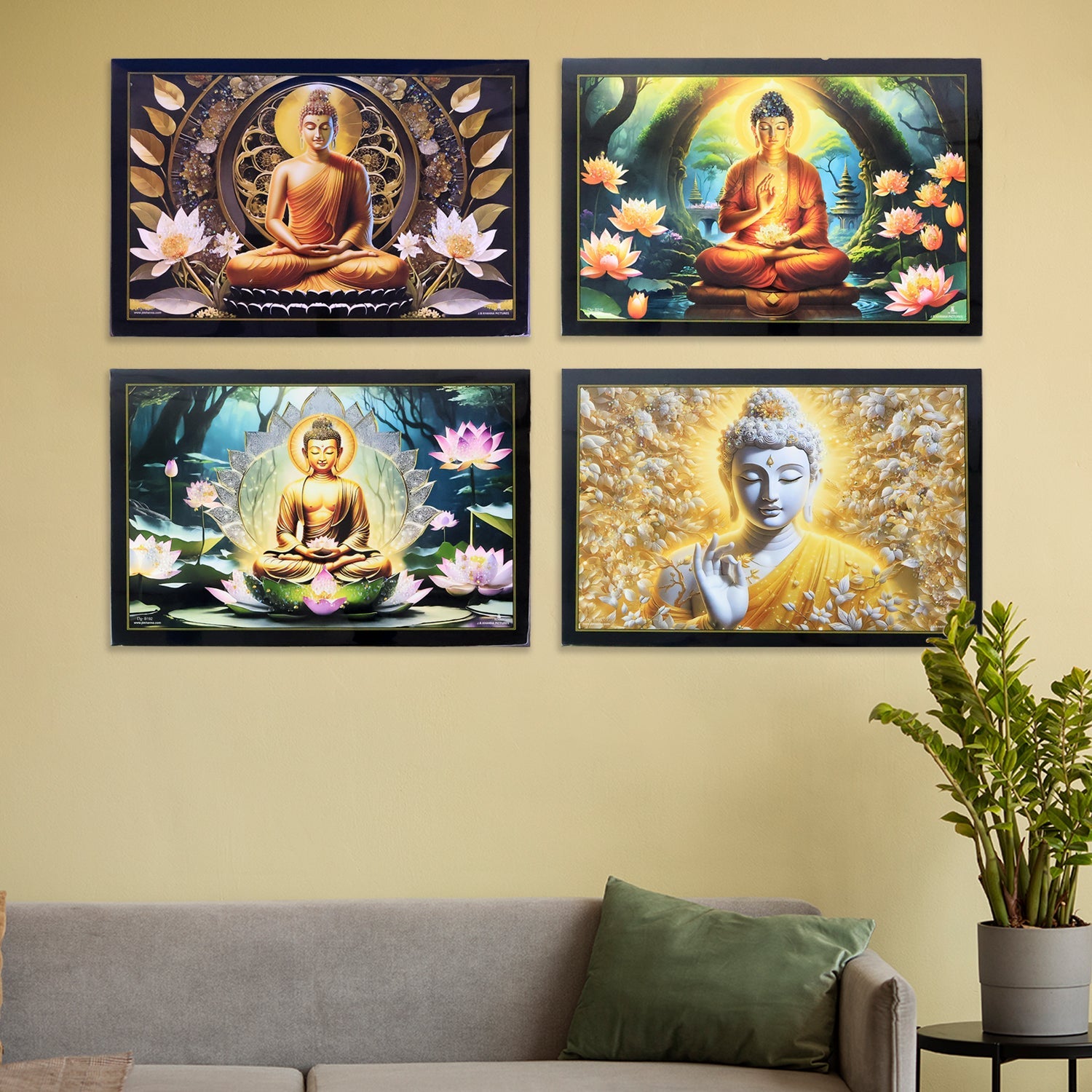 Vibrant Lord Buddha wall painting framed with lotus flowers and golden hues