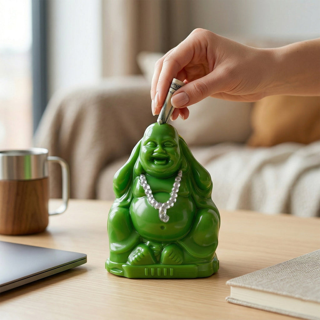 Stylish money bank with Laughing Buddha design for savings