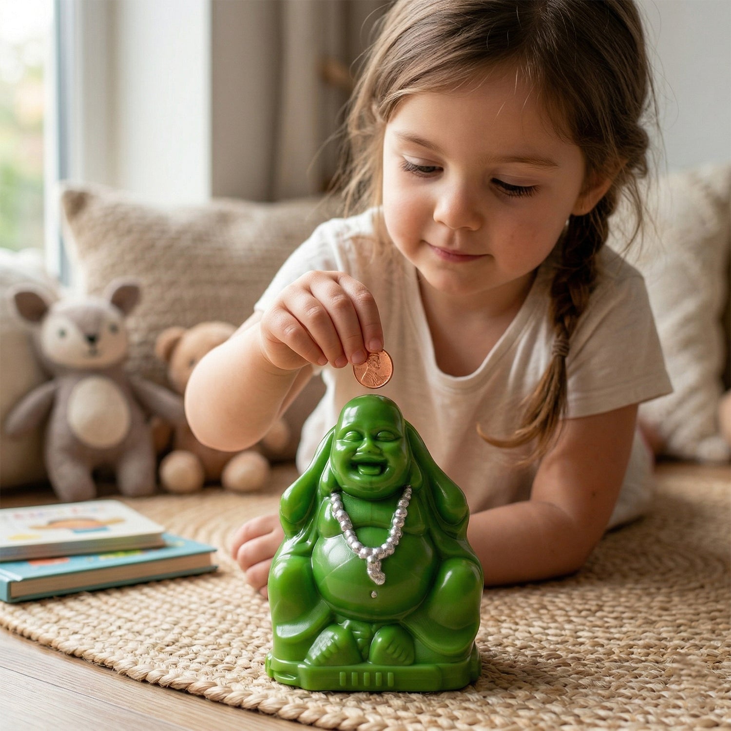 Spiritual coin storage box featuring Laughing Buddha idol