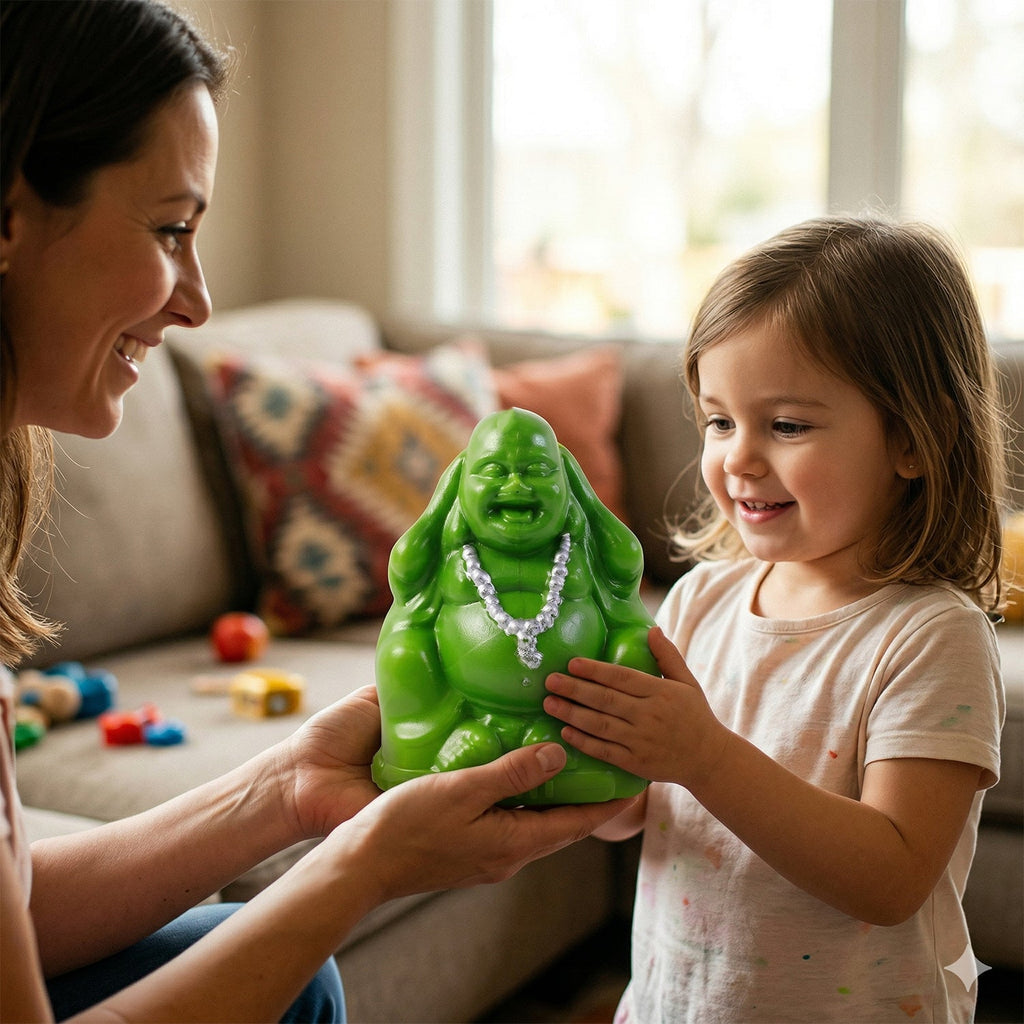 Side view of Laughing Buddha money bank for prosperity