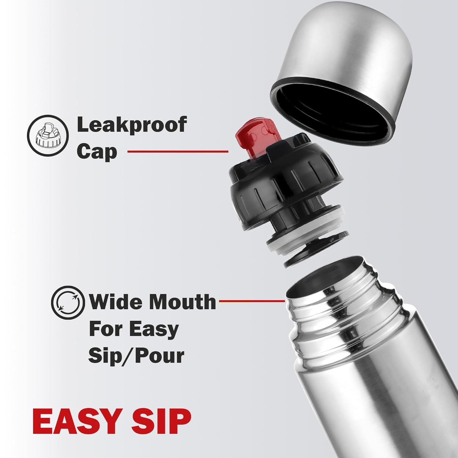 Close-up of stainless steel vacuum insulated water bottle surface and lid