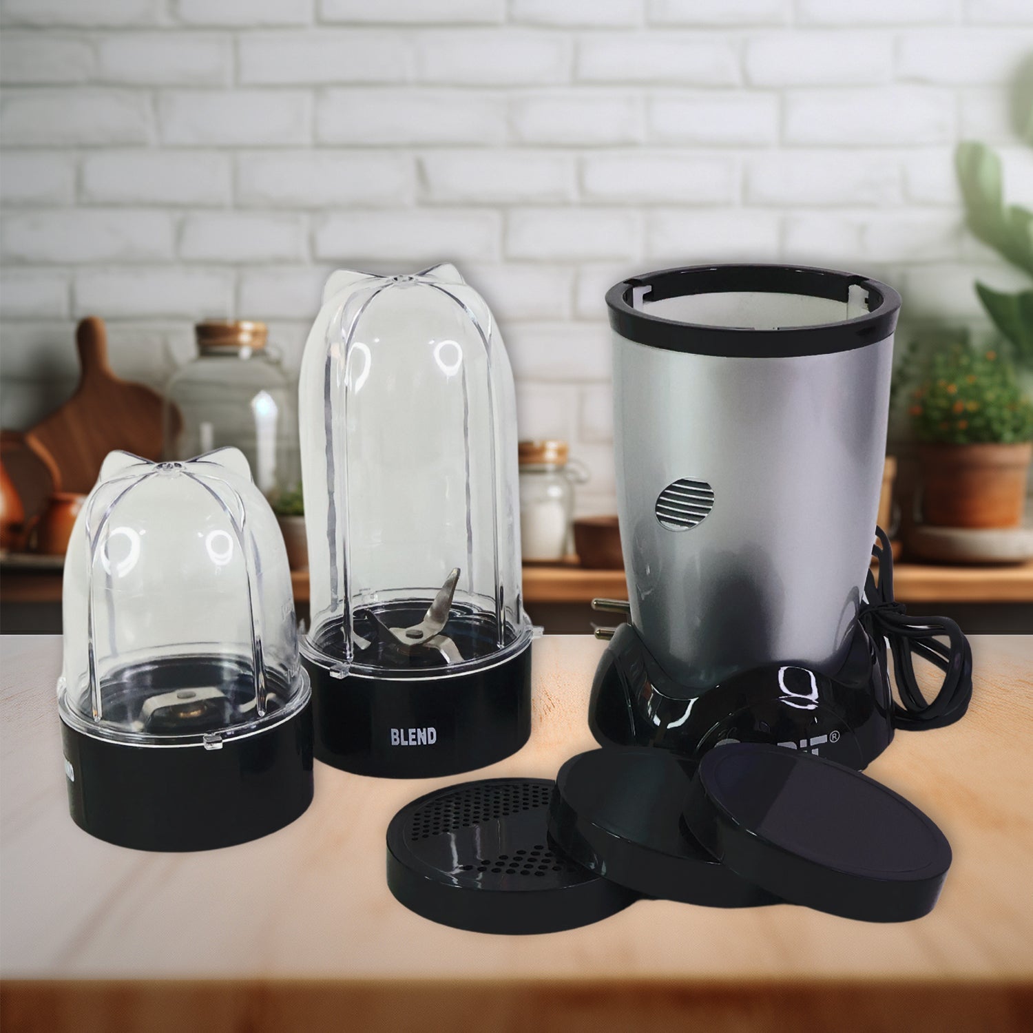 Orbit bullet mixer showing stainless steel blades and a blending jar