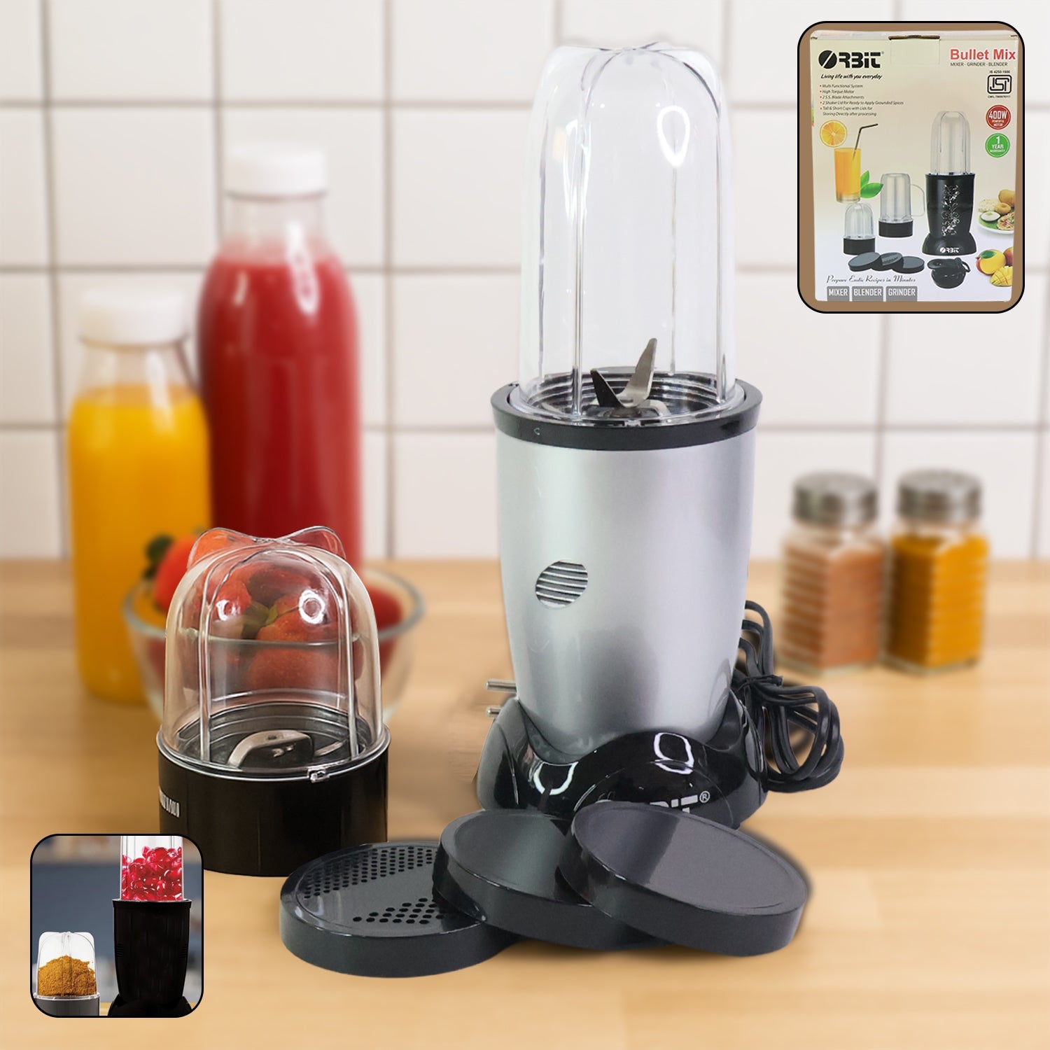 Orbit 400W multi-purpose bullet mixer with two jars for blending and grinding