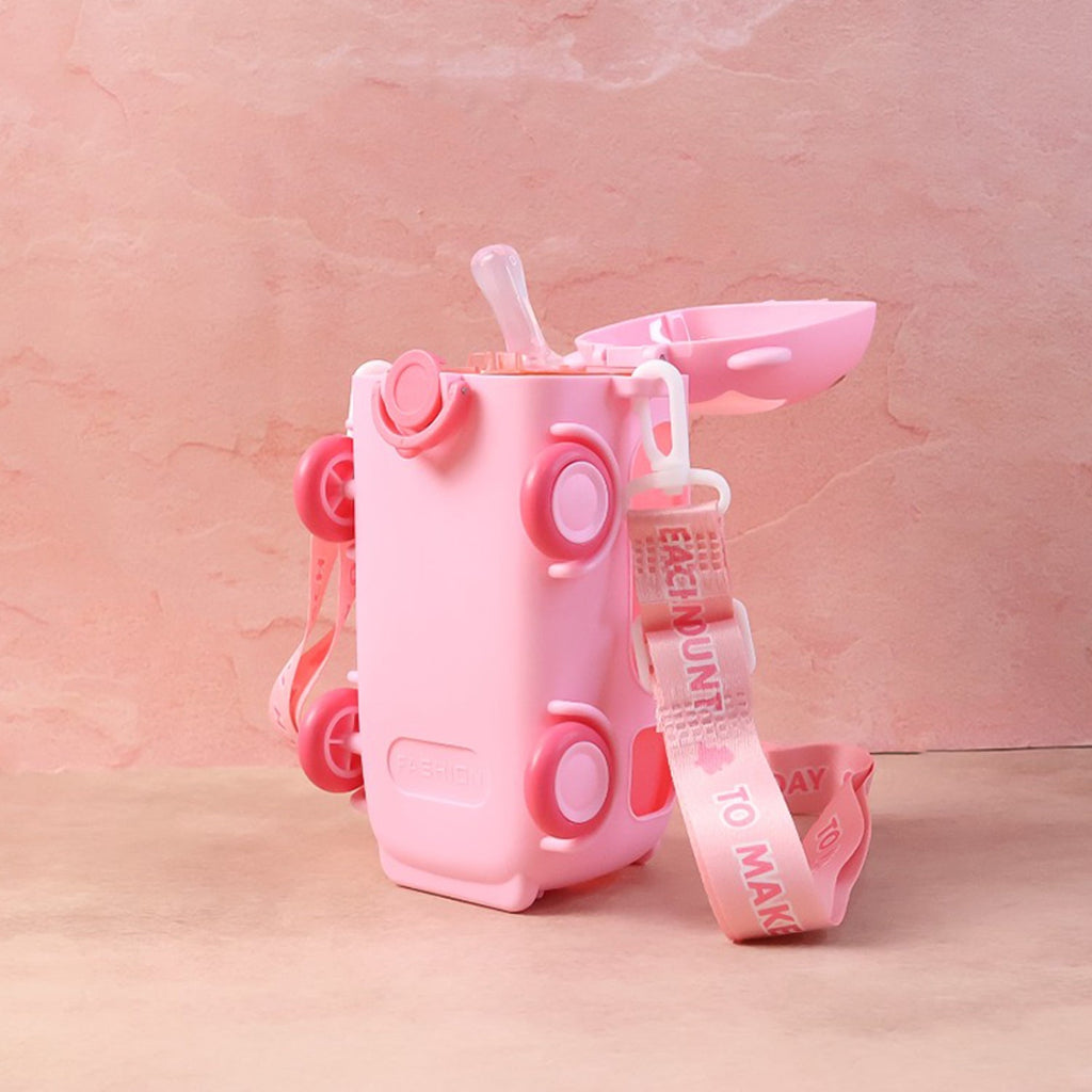 Front view of cartoon bus water bottle with comfortable strap for kids
