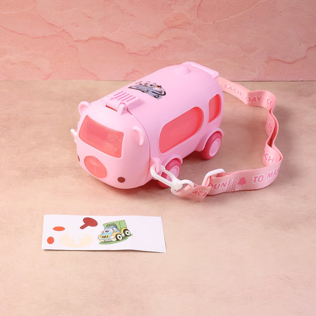 Side profile of bus shaped water bottle designed for children with strap
