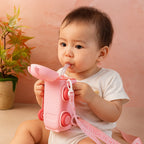 Side view of bus shaped kids water bottle with leak-proof lid and carrying strap