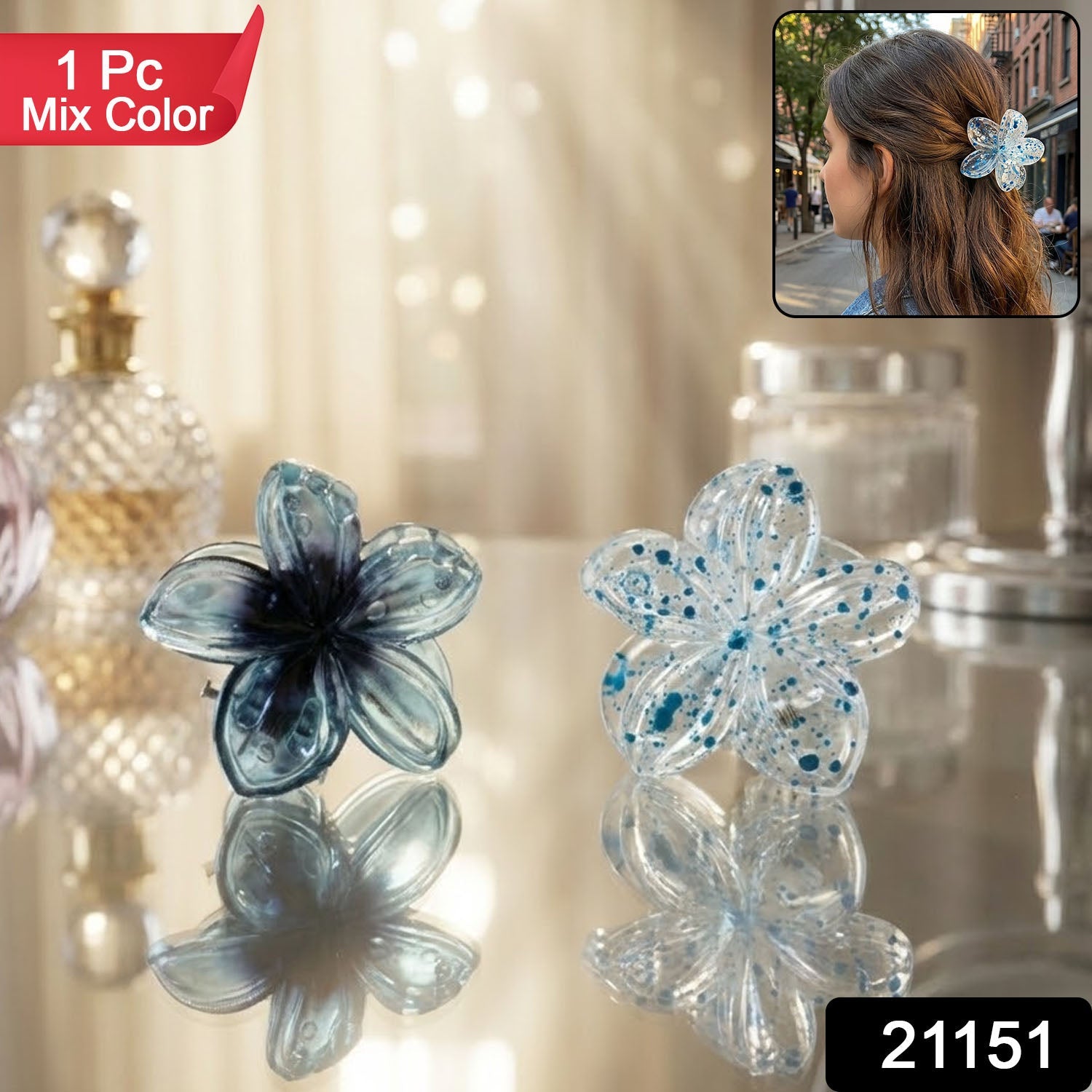 Close-up of flower design hair claw clip in mixed colors