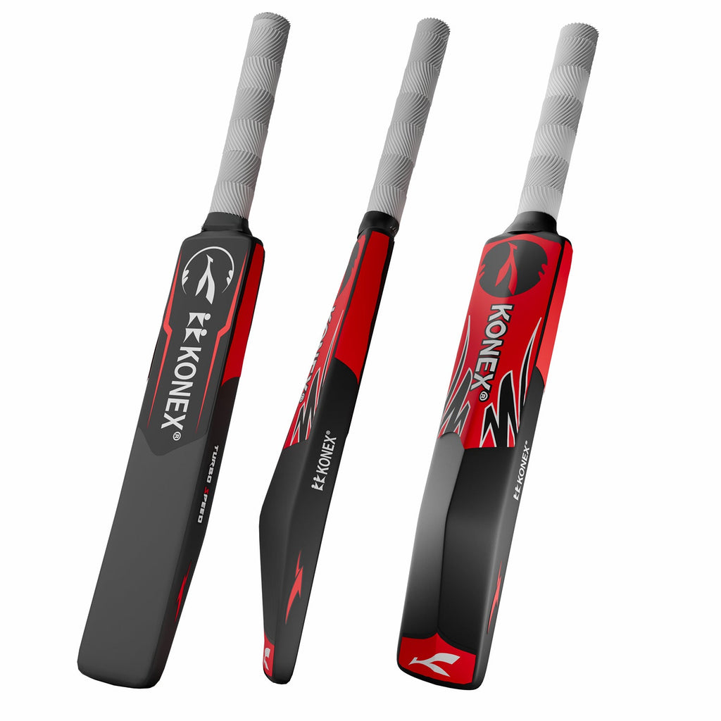 Close-up of plastic cricket bat grip handle and blade surface
