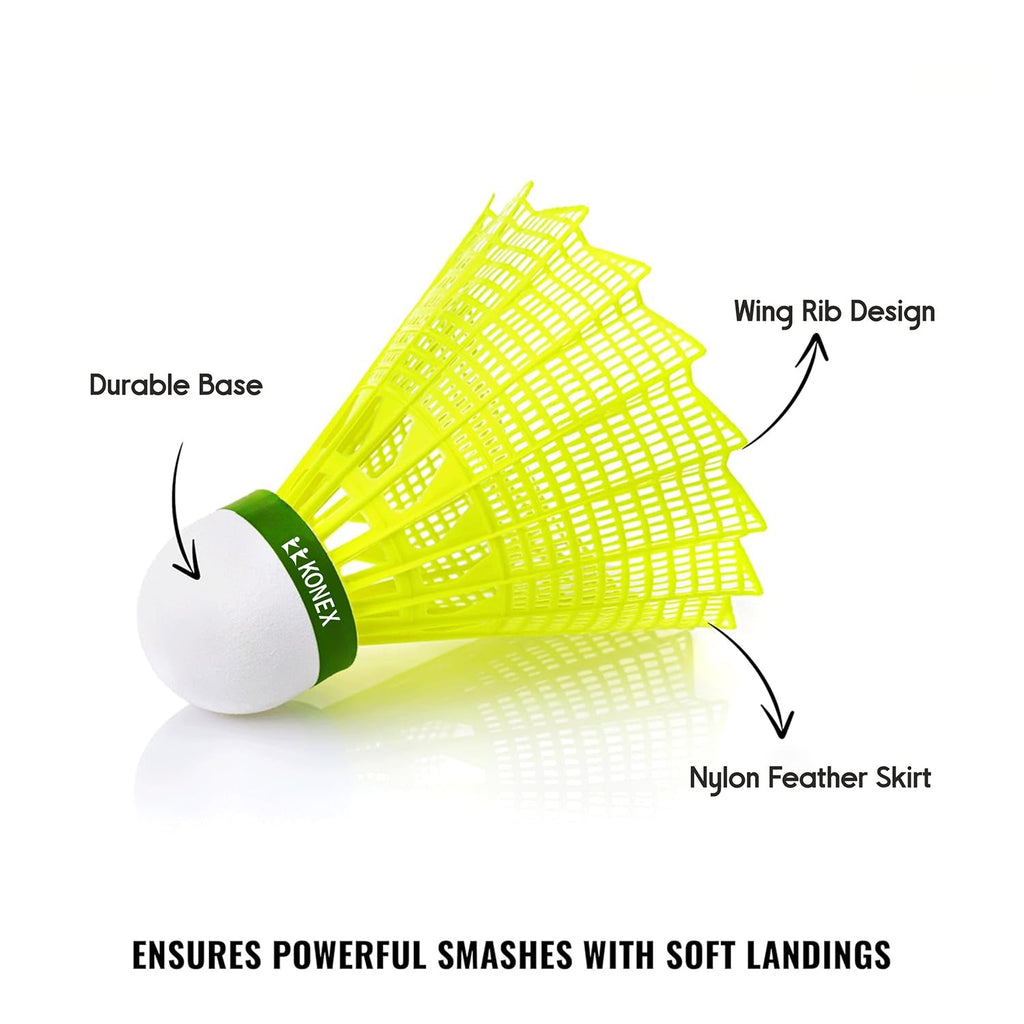 Side view of sturdy plastic shuttlecock designed for consistent badminton play