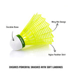 Side view of sturdy plastic shuttlecock designed for consistent badminton play