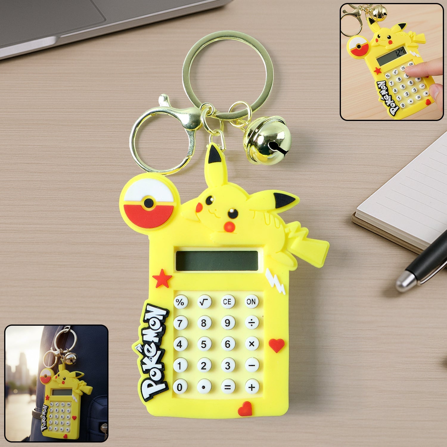 Cute yellow cartoon character calculator keychain with mini digital display and attached metal key ring and bell