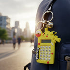 Digital calculator keychain showing clear display with easy press buttons in cartoon style