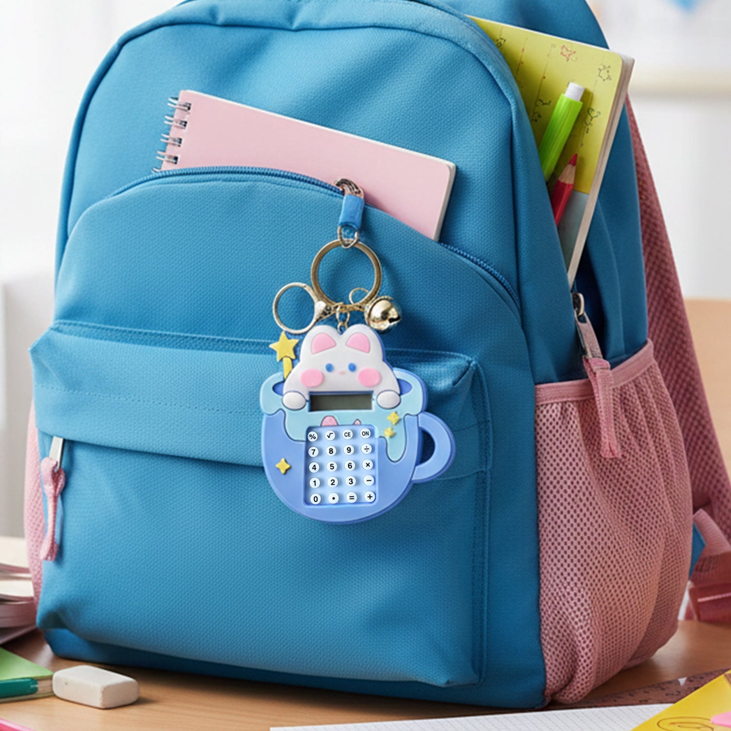 Bunny themed calculator keychain hanging with keys